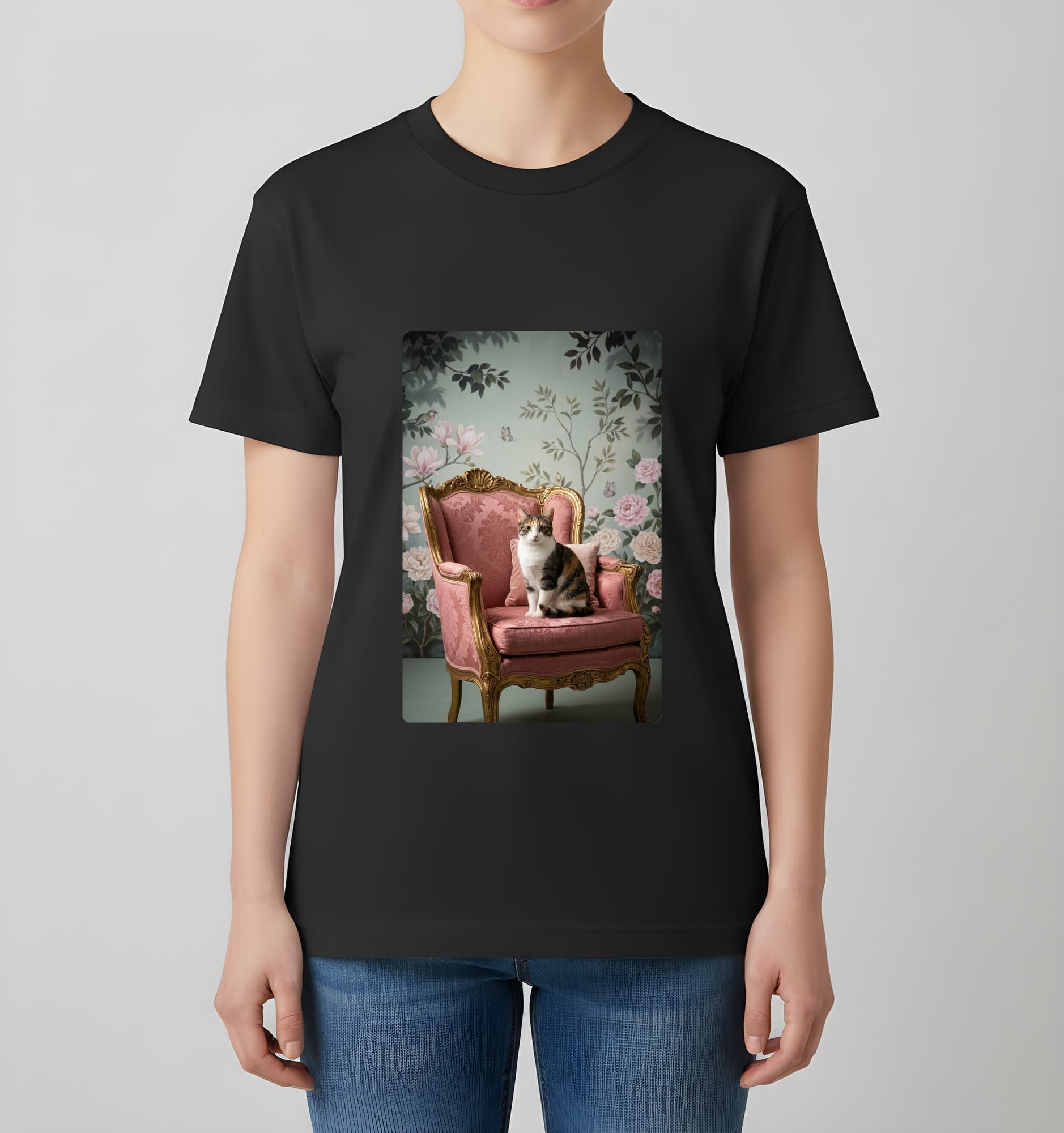ジャパニーズボブテイルのシャビーピンクの油絵風アートロココ調Tシャツ(ブラック) 4