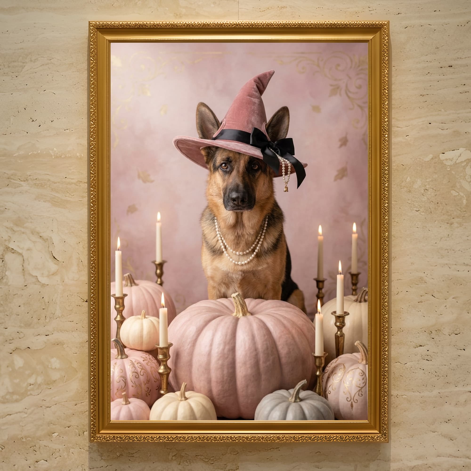 German shepherd Pumpkin & Candlelight Oil-Painting Halloween Framed Art Print (A3)
