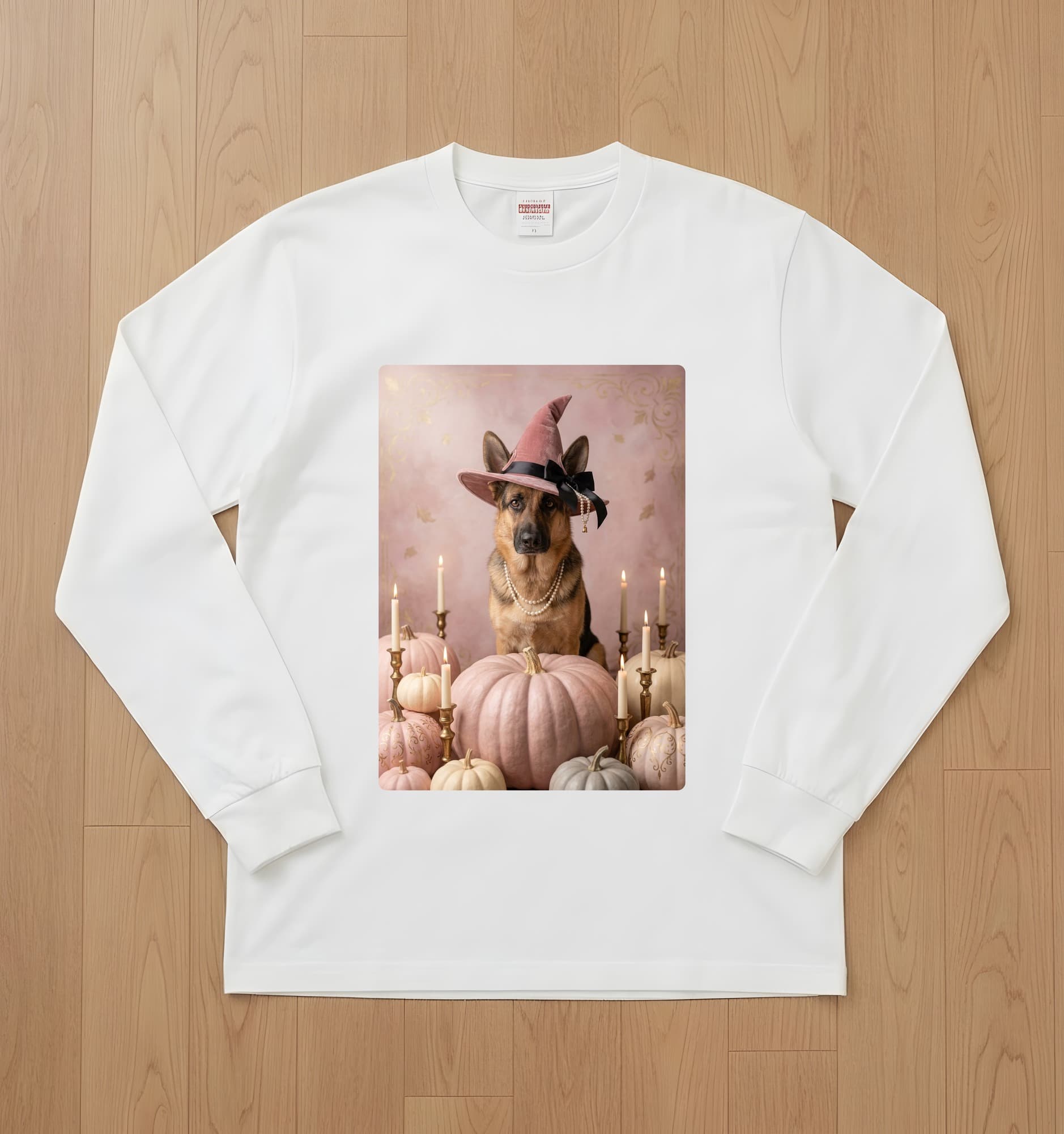 German shepherd Pumpkin & Candlelight Oil-Painting Halloween Long Sleeve T-Shirt (White)