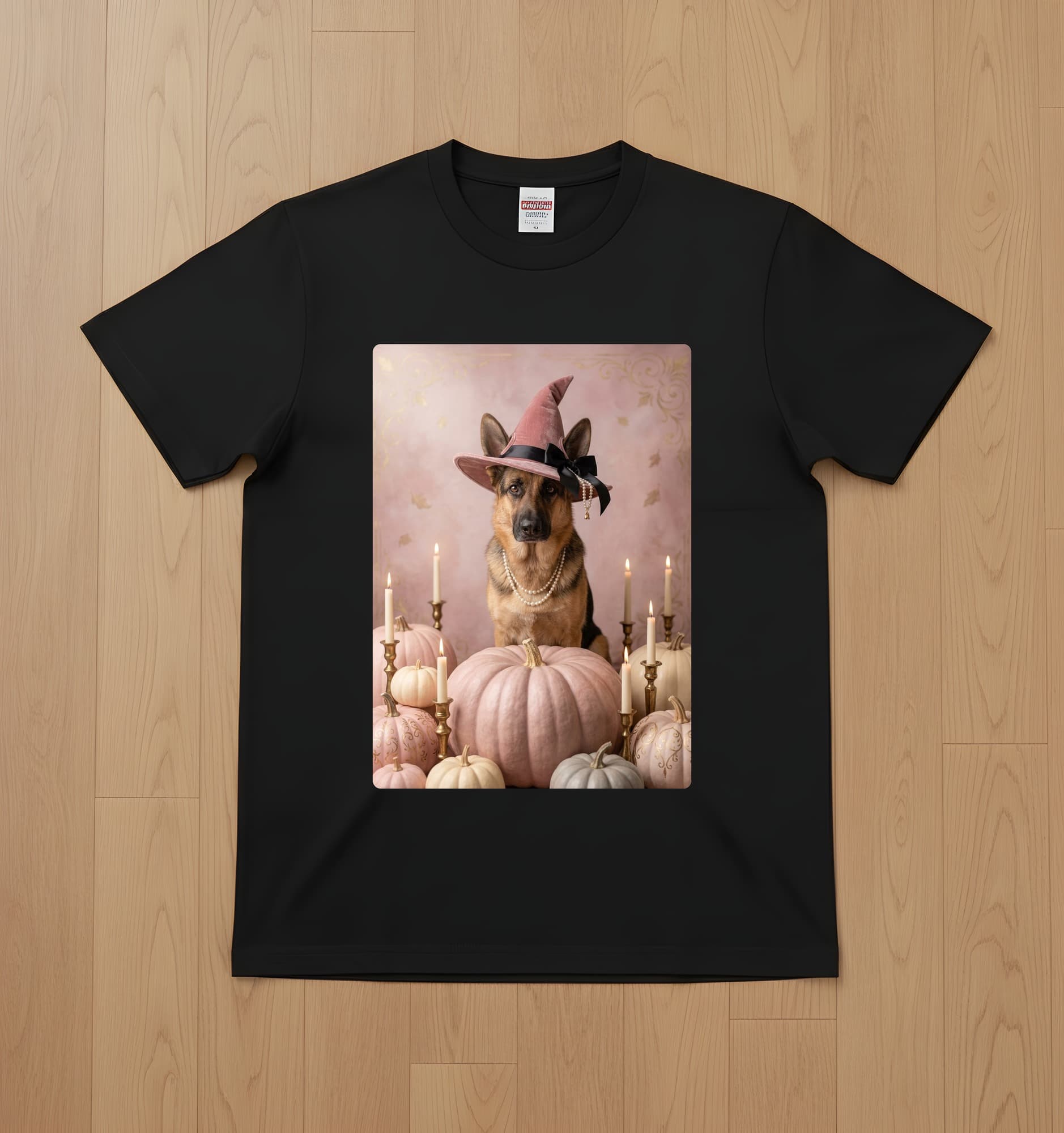 ジャーマンシェパードのかぼちゃとキャンドルの油絵風アートハロウィンTシャツ(ブラック)