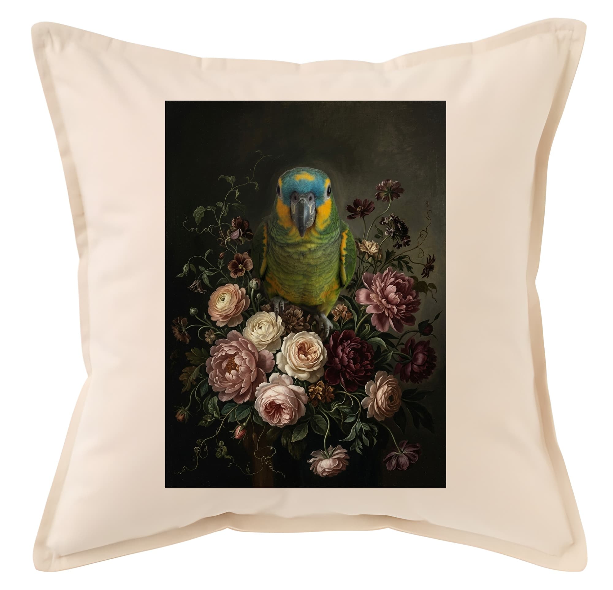 アオボウシインコの花の油絵風アート花柄クッション