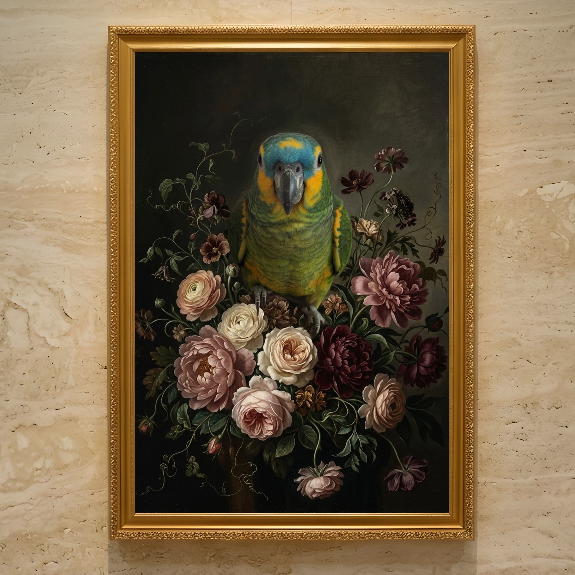 アオボウシインコの花の油絵風アート花柄額装プリント(A3サイズ)