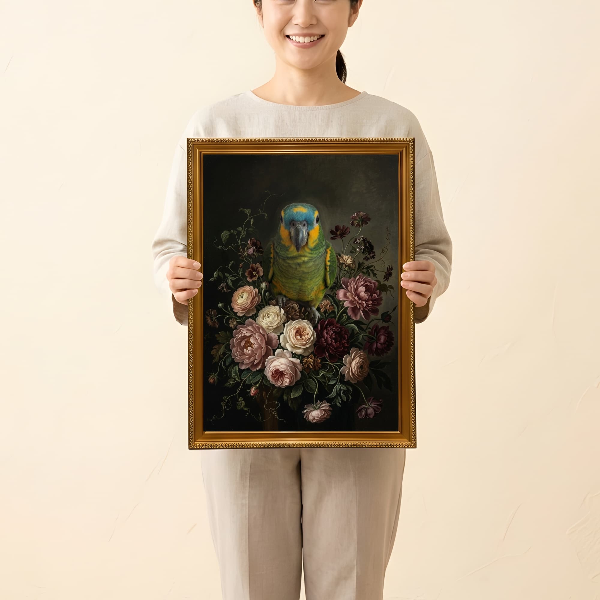 アオボウシインコの花の油絵風アート花柄額装プリント(A3サイズ) 2