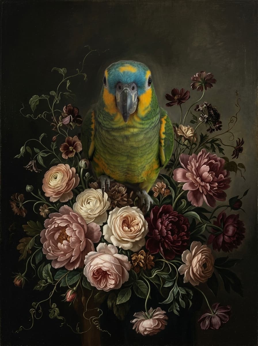 アオボウシインコの花の油絵風アート花柄額装プリント(A3サイズ) 4