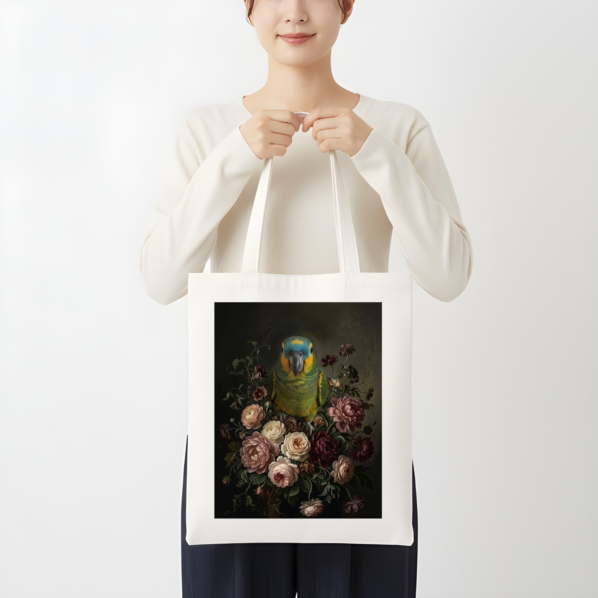 アオボウシインコの花の油絵風アート花柄トートバッグ 3