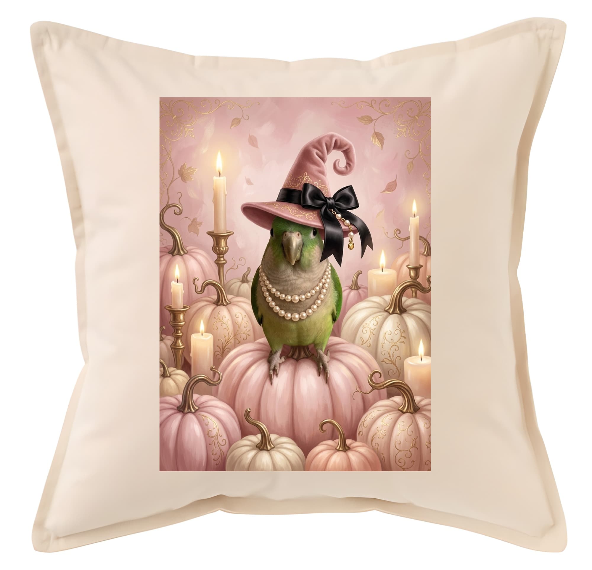 Quaker Parrot Pumpkin & Candlelight Oil-Painting Halloween Cushion