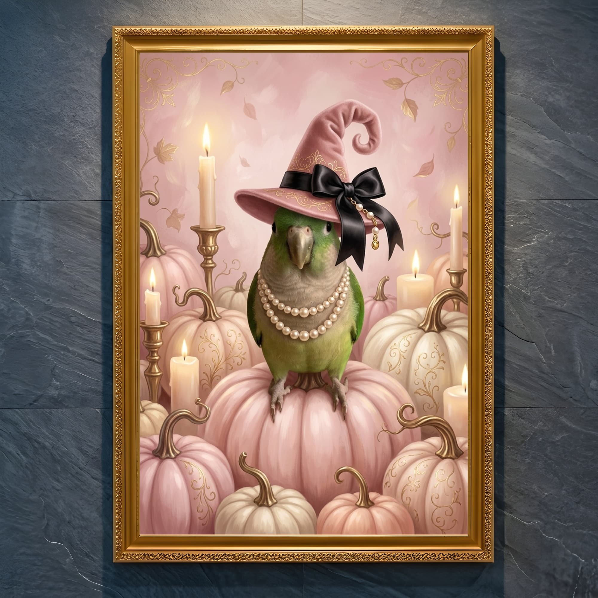 オキナインコのかぼちゃとキャンドルの油絵風アートハロウィン額装プリント(A4金縁)