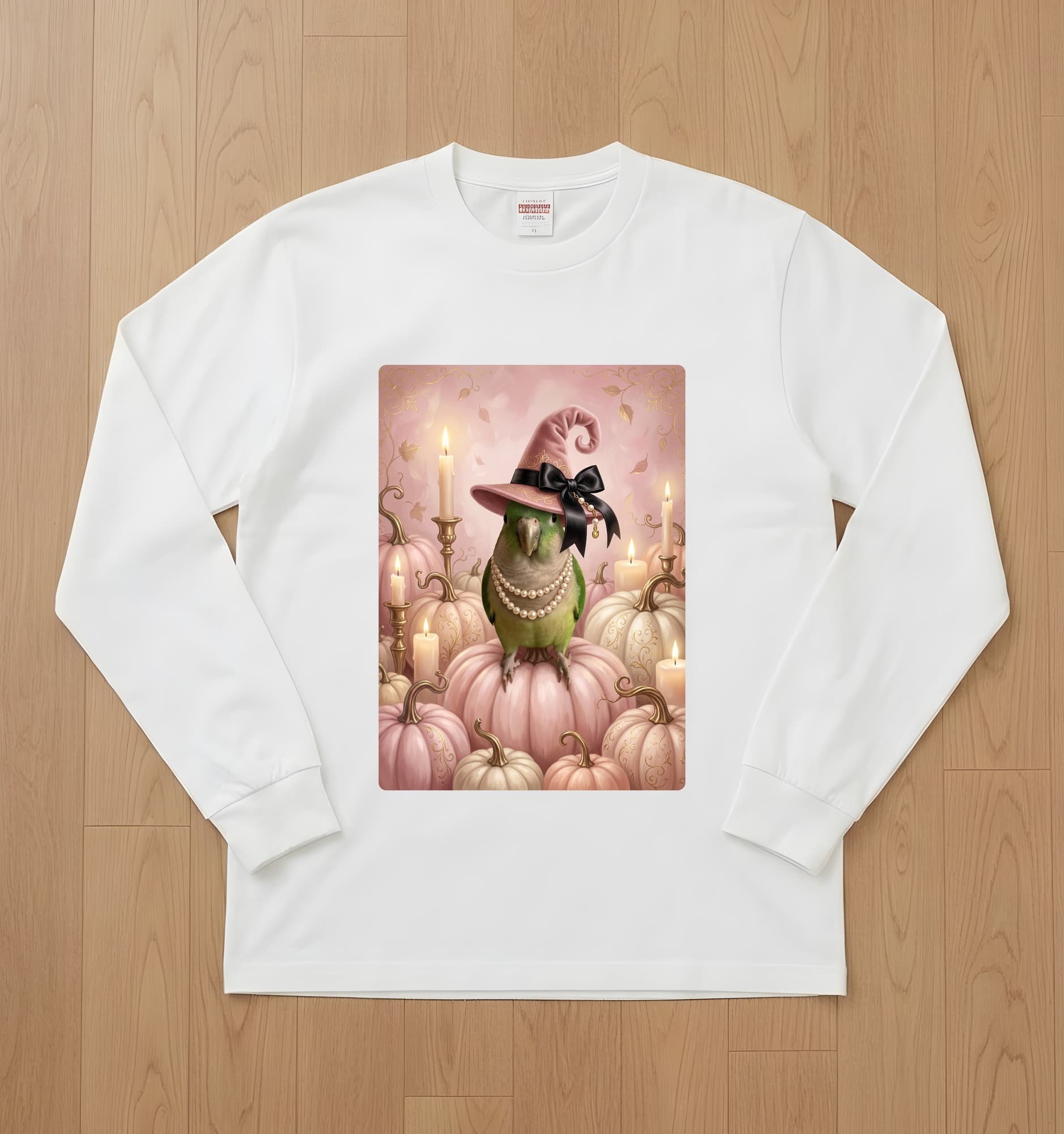 Quaker Parrot Pumpkin & Candlelight Oil-Painting Halloween Long Sleeve T-Shirt (White)