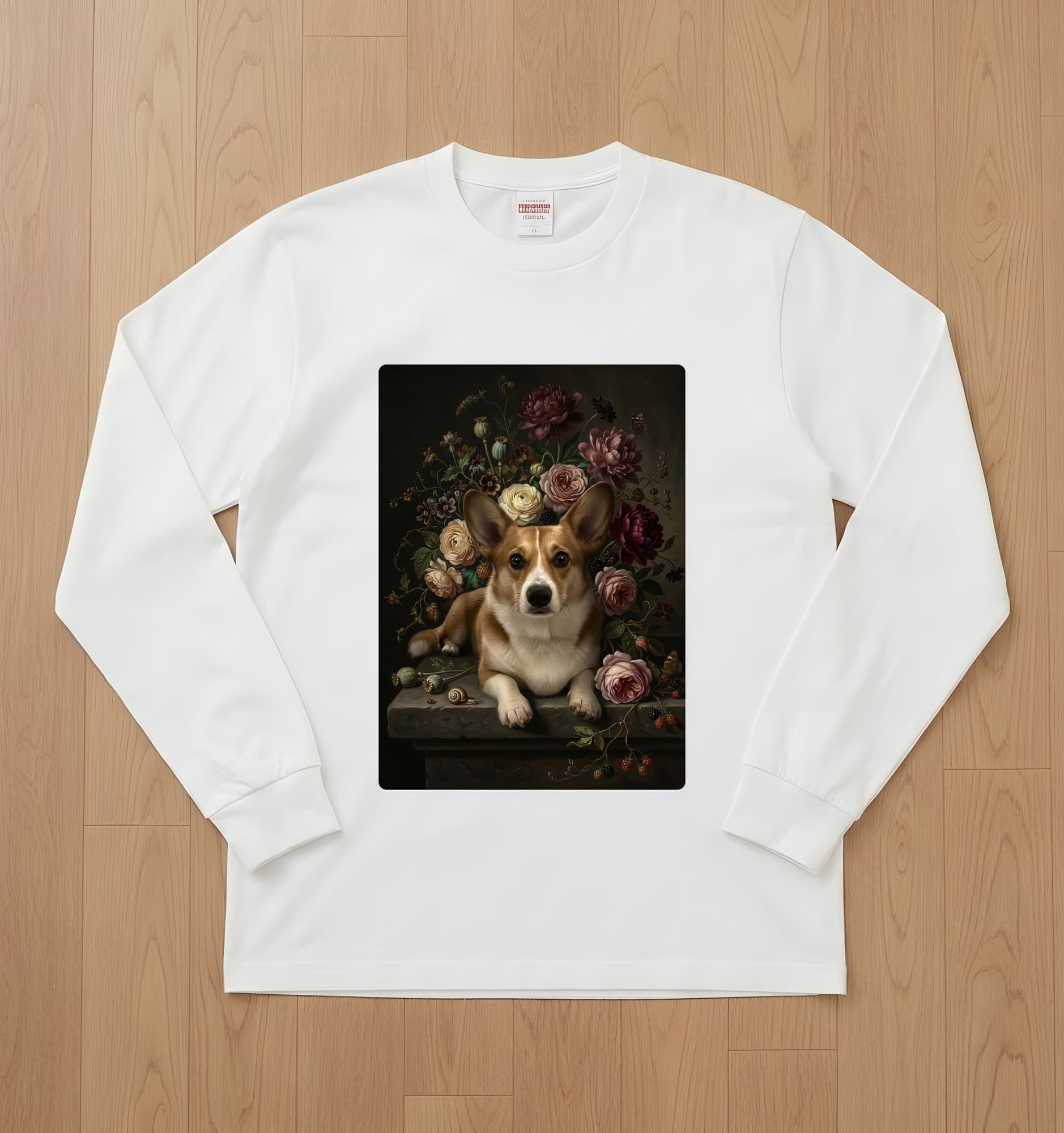 コーギーの花の油絵風アート花柄長袖Tシャツ(ホワイト)