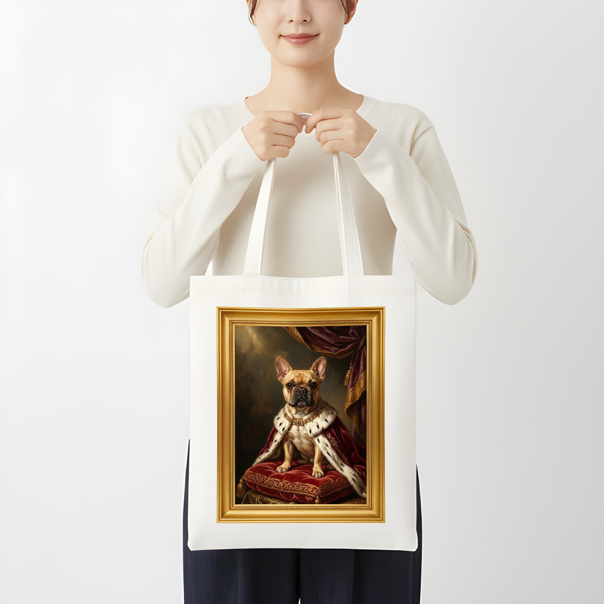 フレンチブルドッグのルネサンス肖像画トートバッグ(カラープリント・額縁デザインあり) 3