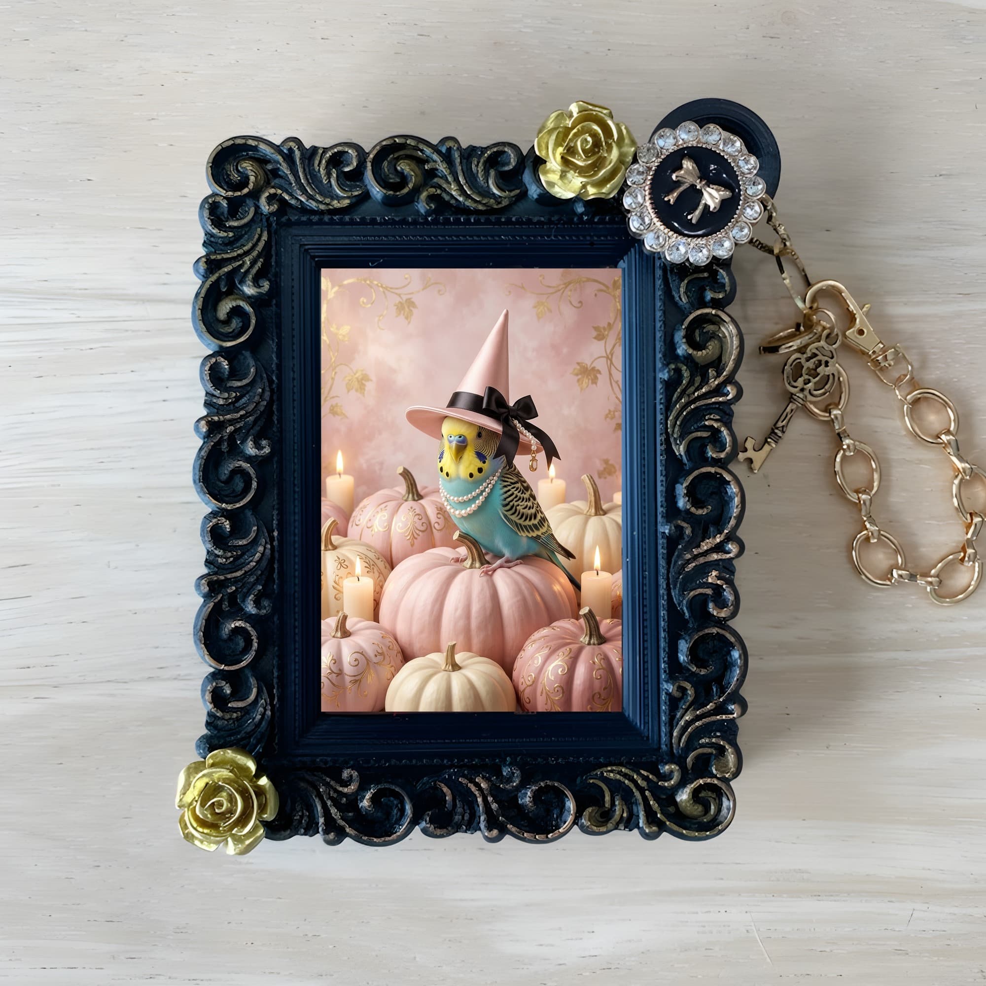 Budgerigar Pumpkin & Candlelight Oil-Painting Halloween Bag Charm (Black)