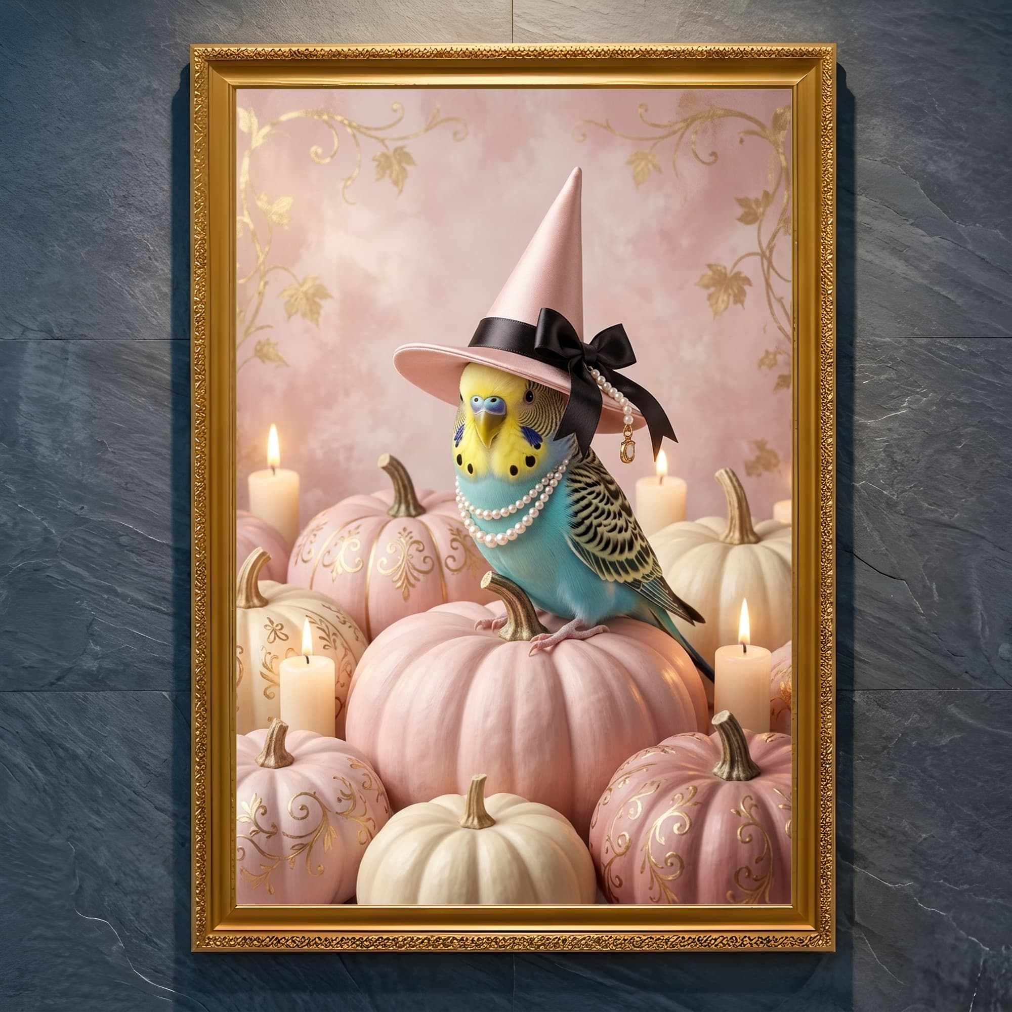 セキセイインコのかぼちゃとキャンドルの油絵風アートハロウィン額装プリント(A4金縁)