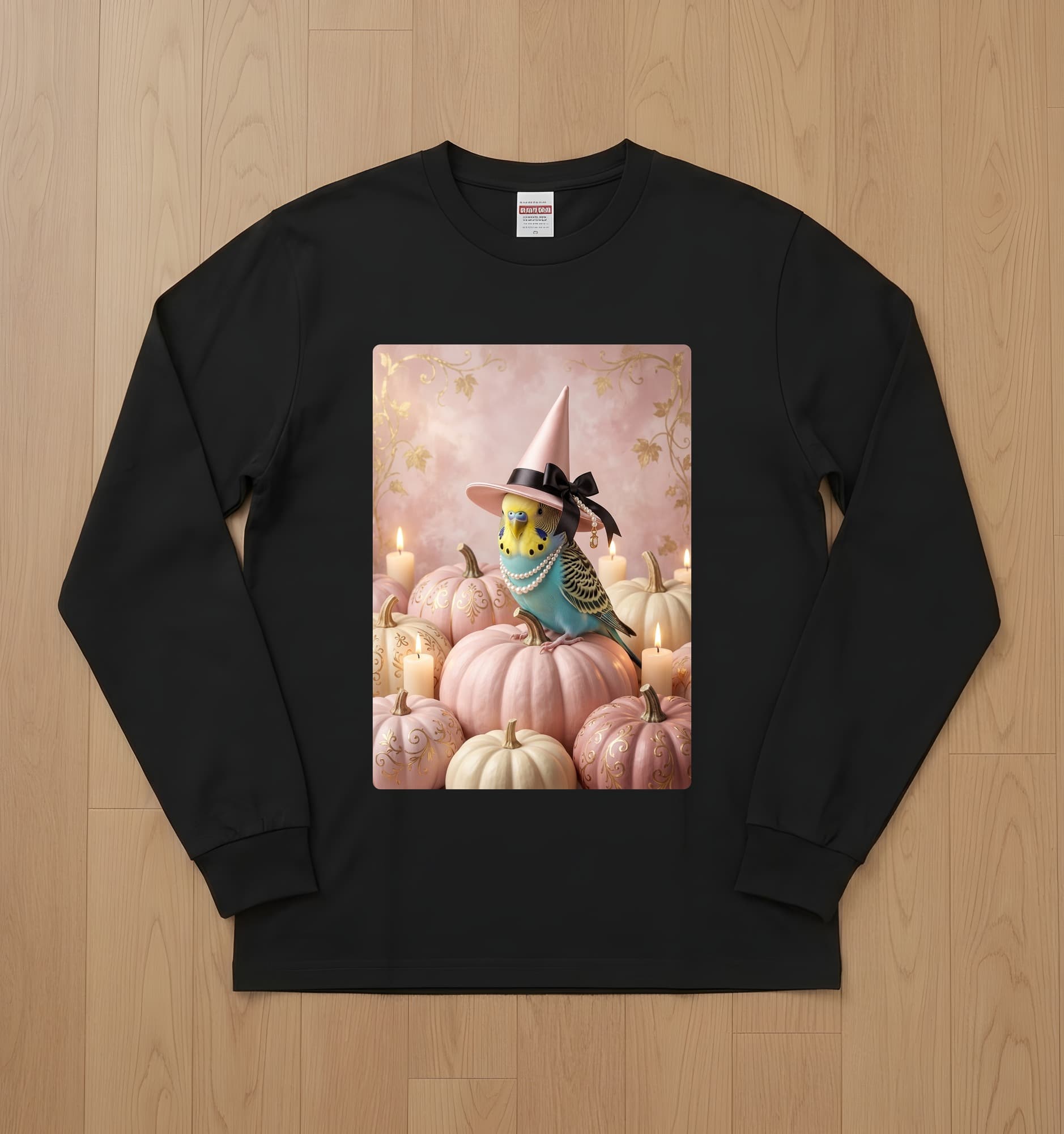 Budgerigar Pumpkin & Candlelight Oil-Painting Halloween Long Sleeve T-Shirt (Black)
