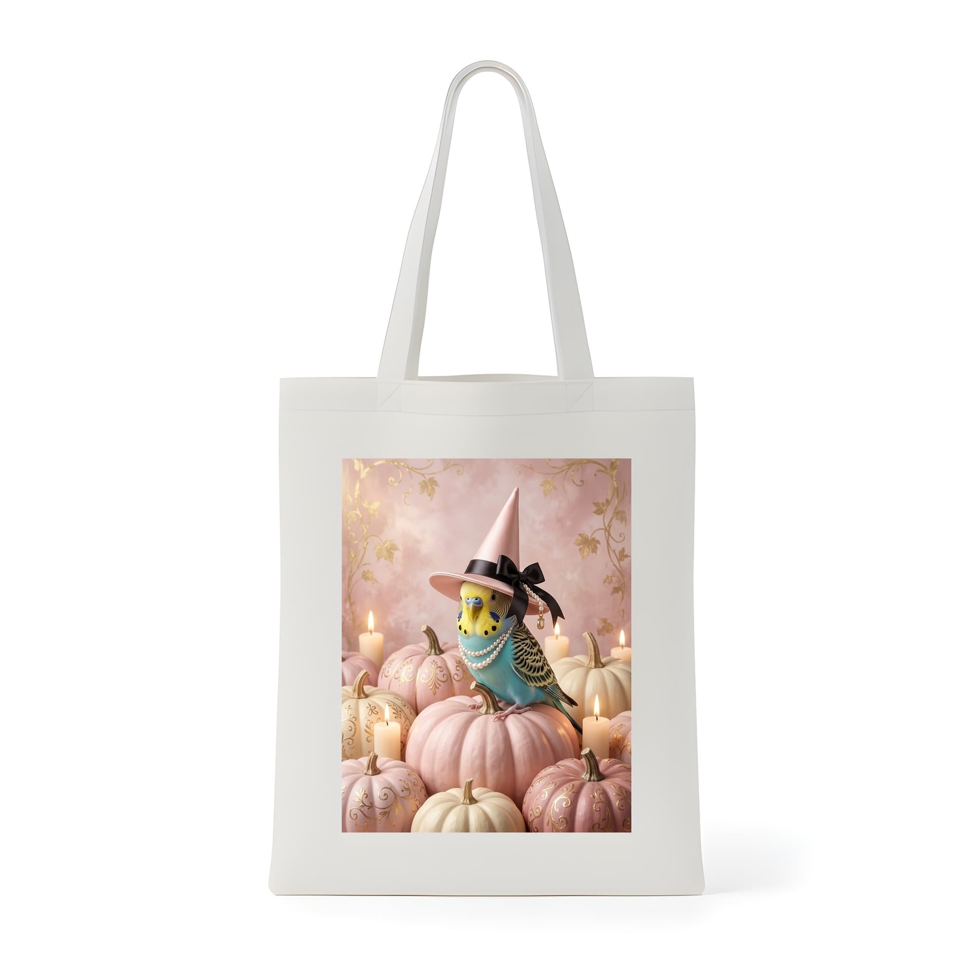 セキセイインコのかぼちゃとキャンドルの油絵風アートハロウィントートバッグ