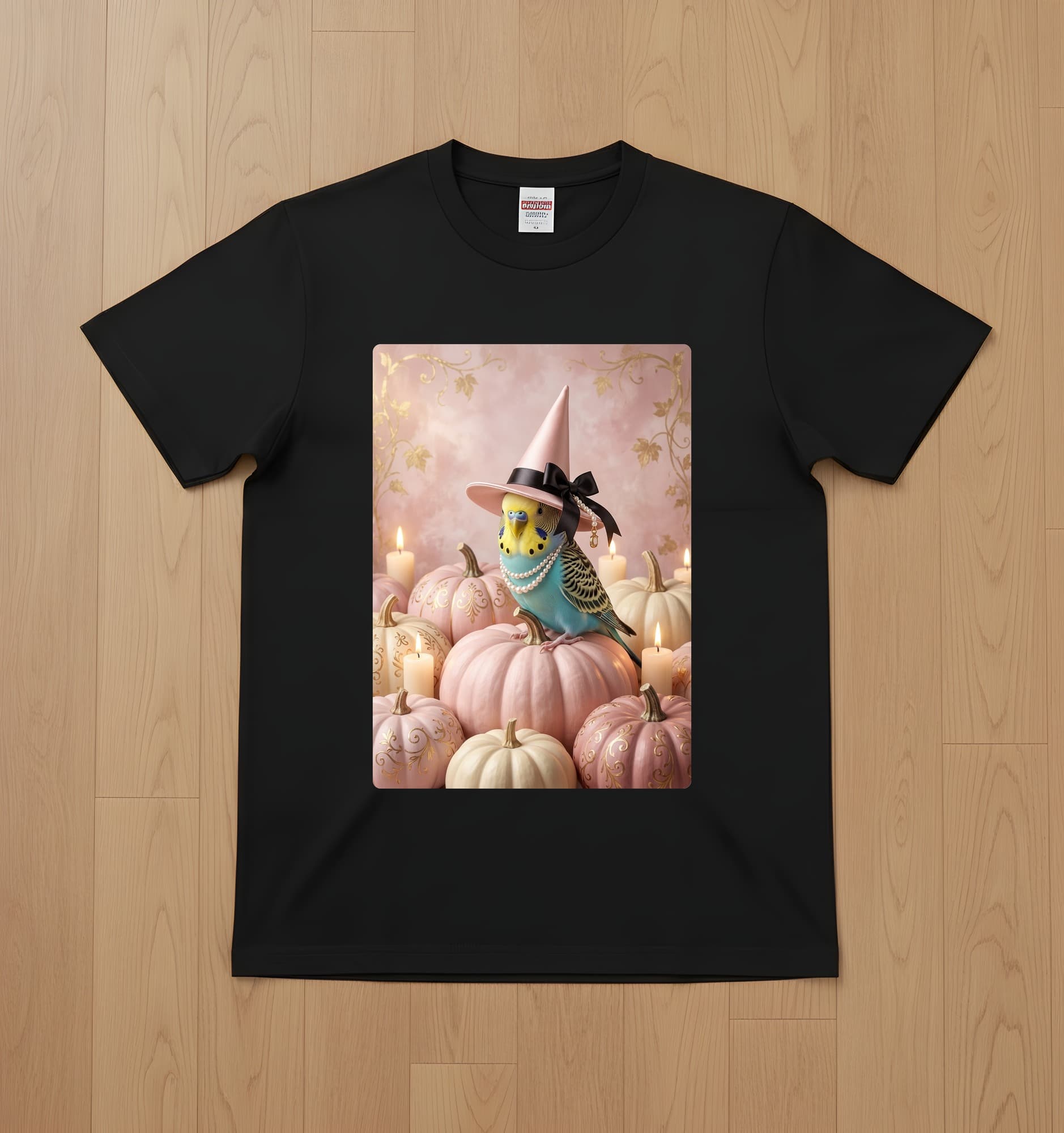 Budgerigar Pumpkin & Candlelight Oil-Painting Halloween T-Shirt (Black)