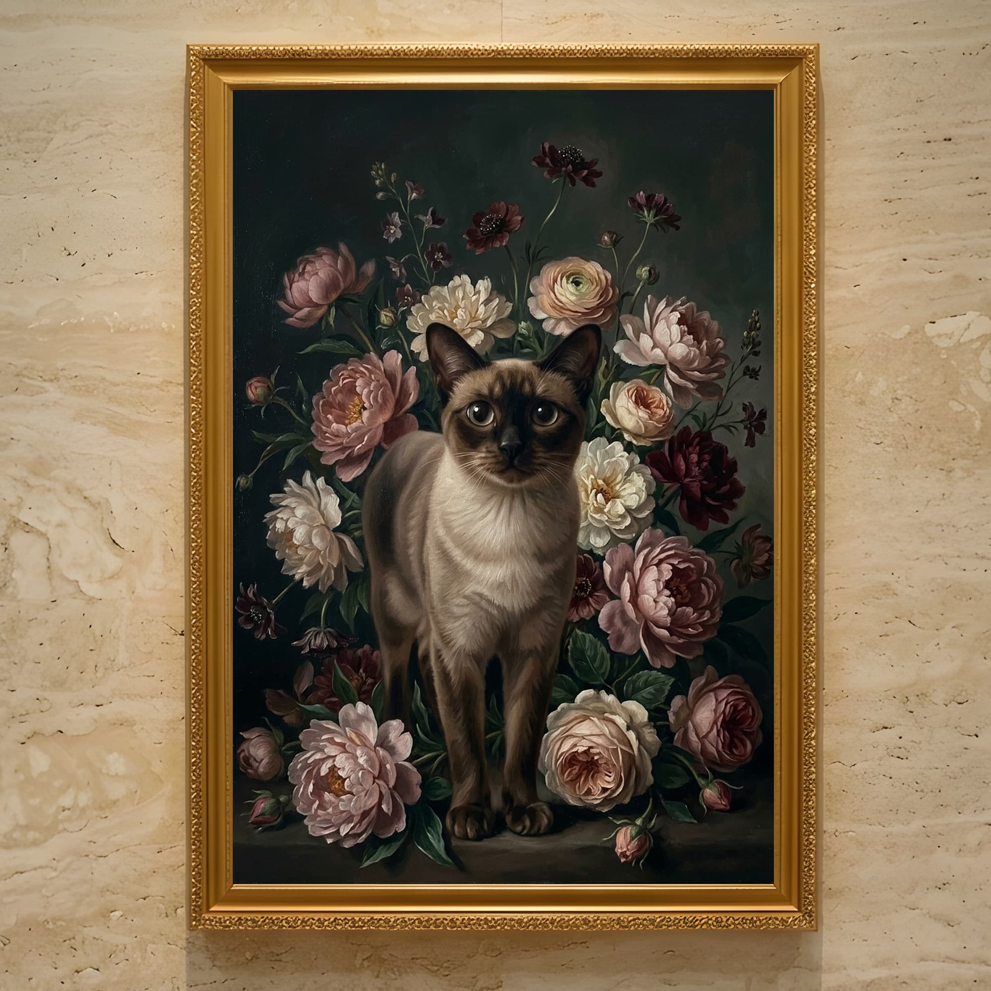 バーミーズの花の油絵風アート花柄額装プリント(A3サイズ)