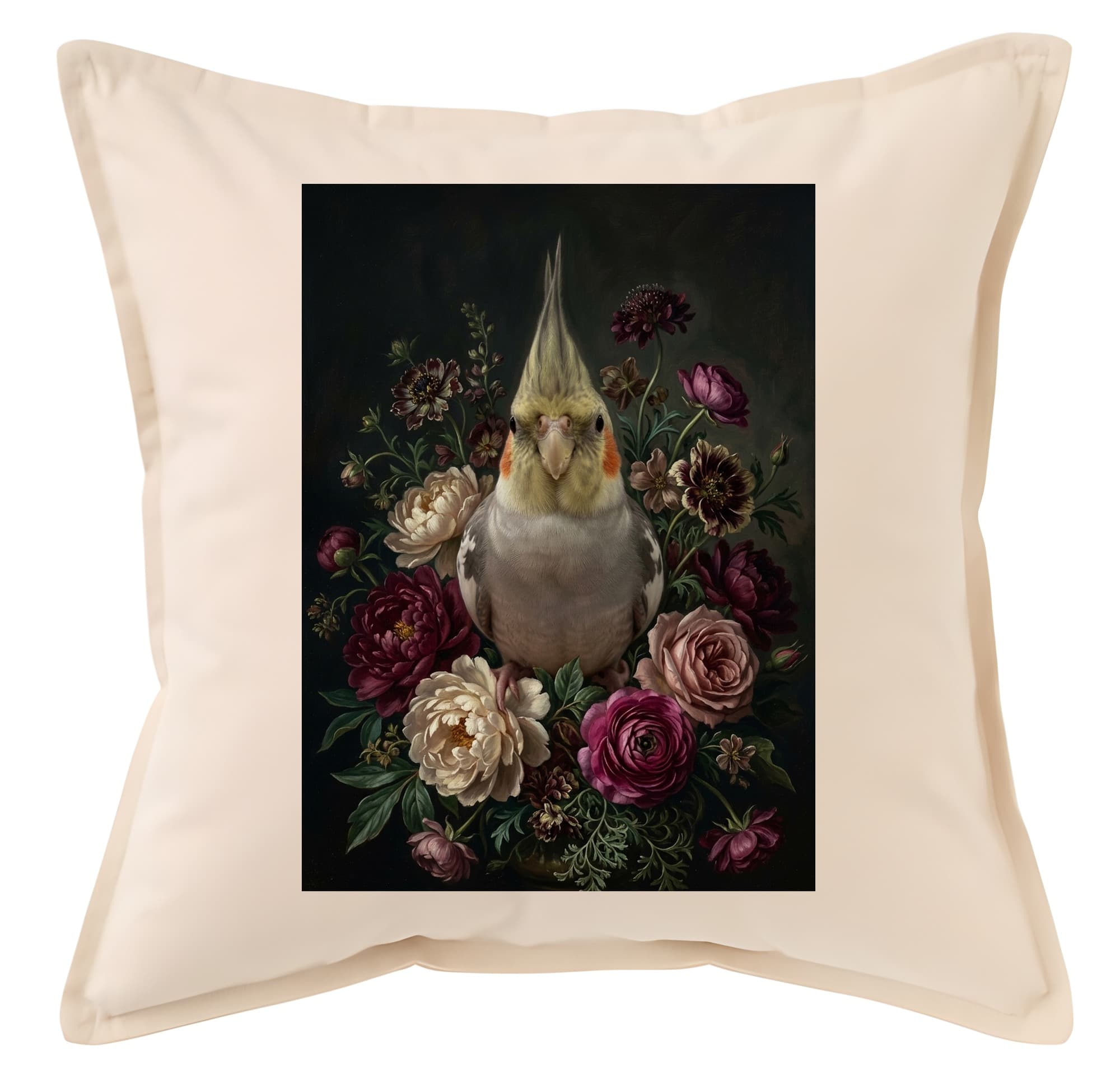 Cockatiel Floral Oil-Painting Floral Cushion