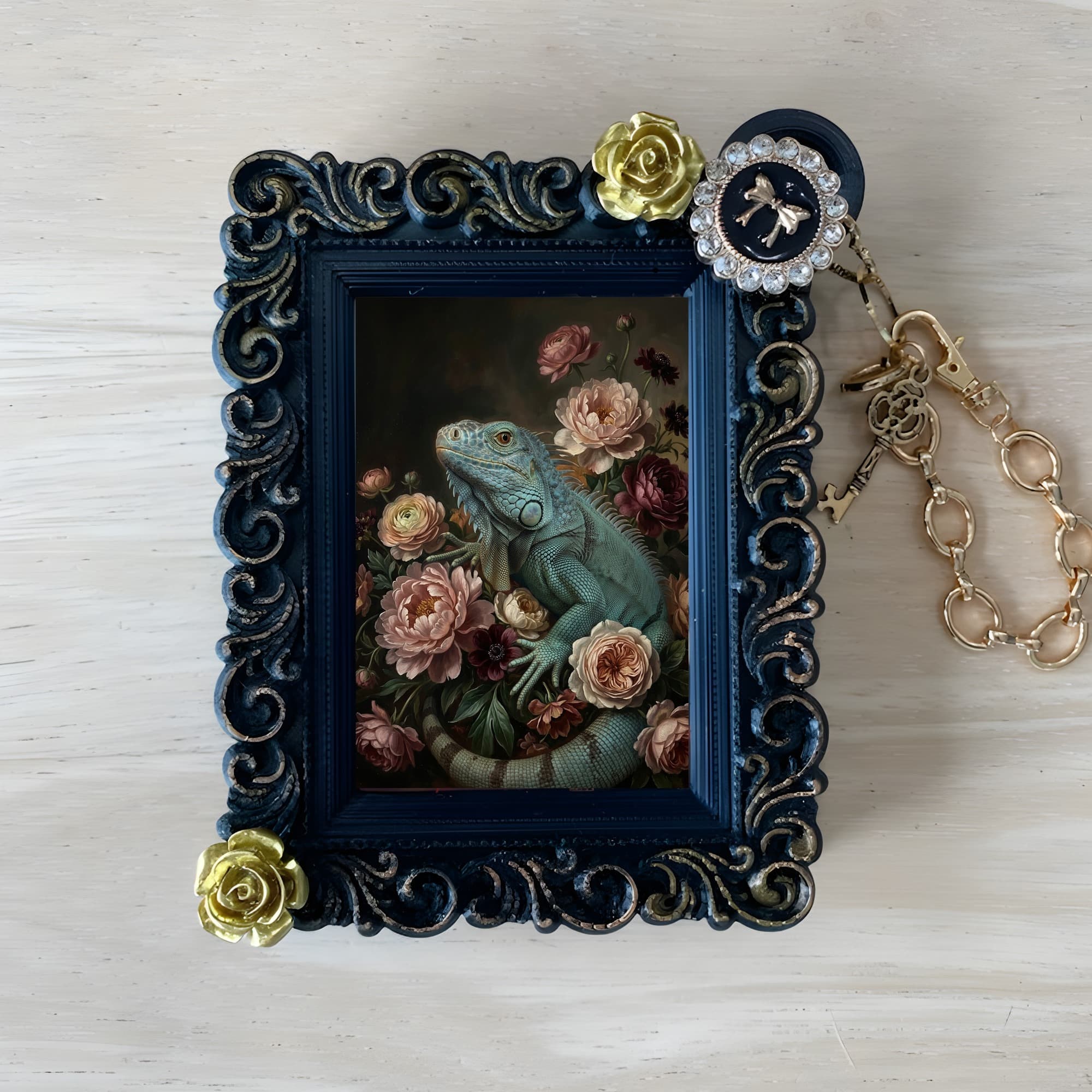 Blue Iguana Floral Oil-Painting Floral Bag Charm (Black)