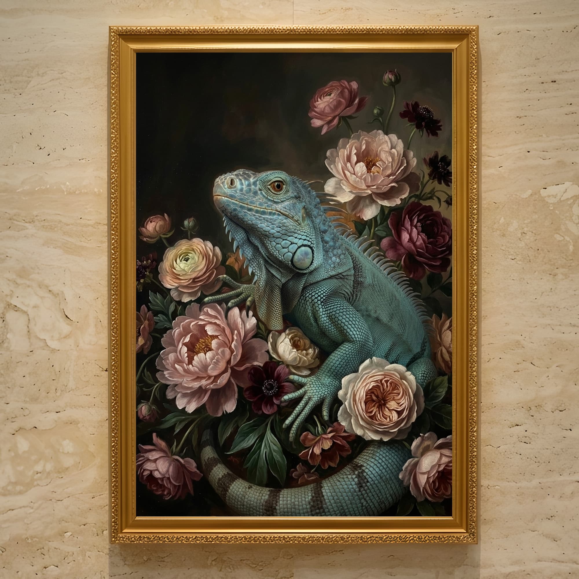 ブルーイグアナの花の油絵風アート花柄額装プリント(A3サイズ)
