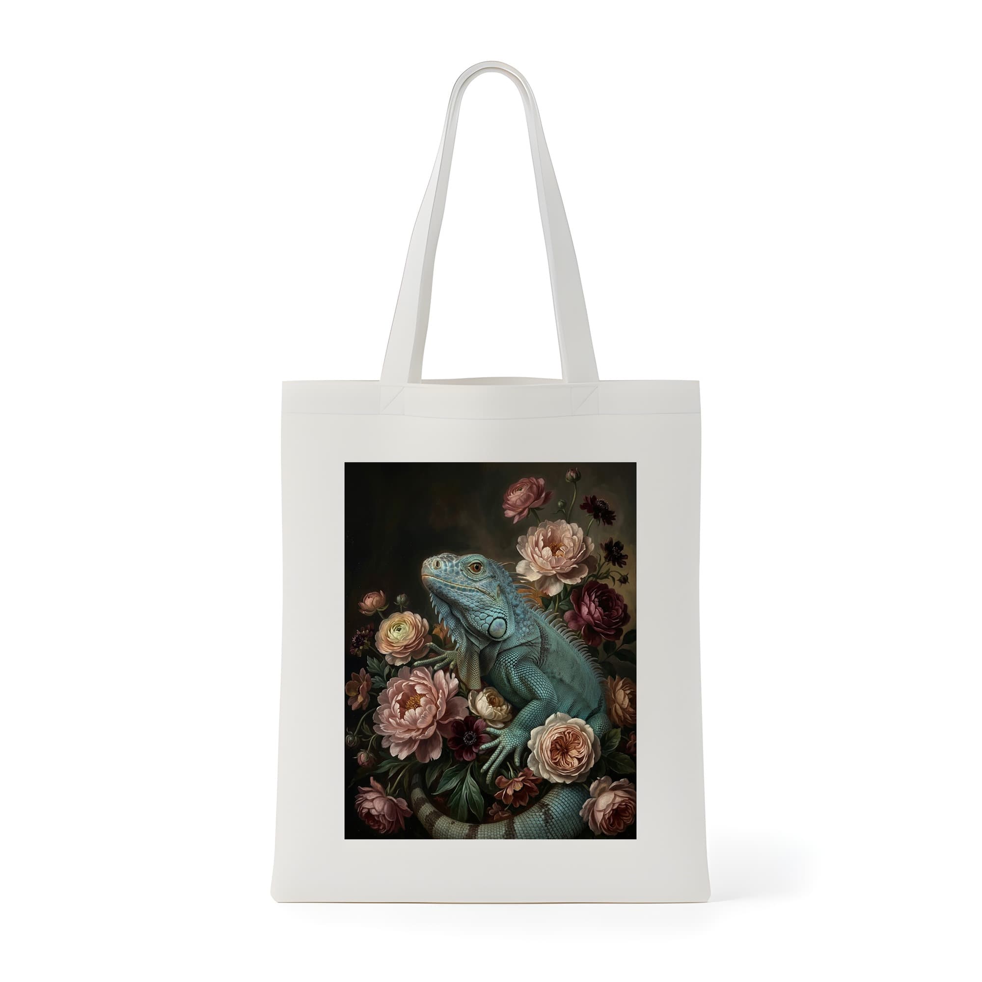 ブルーイグアナの花の油絵風アート花柄トートバッグ