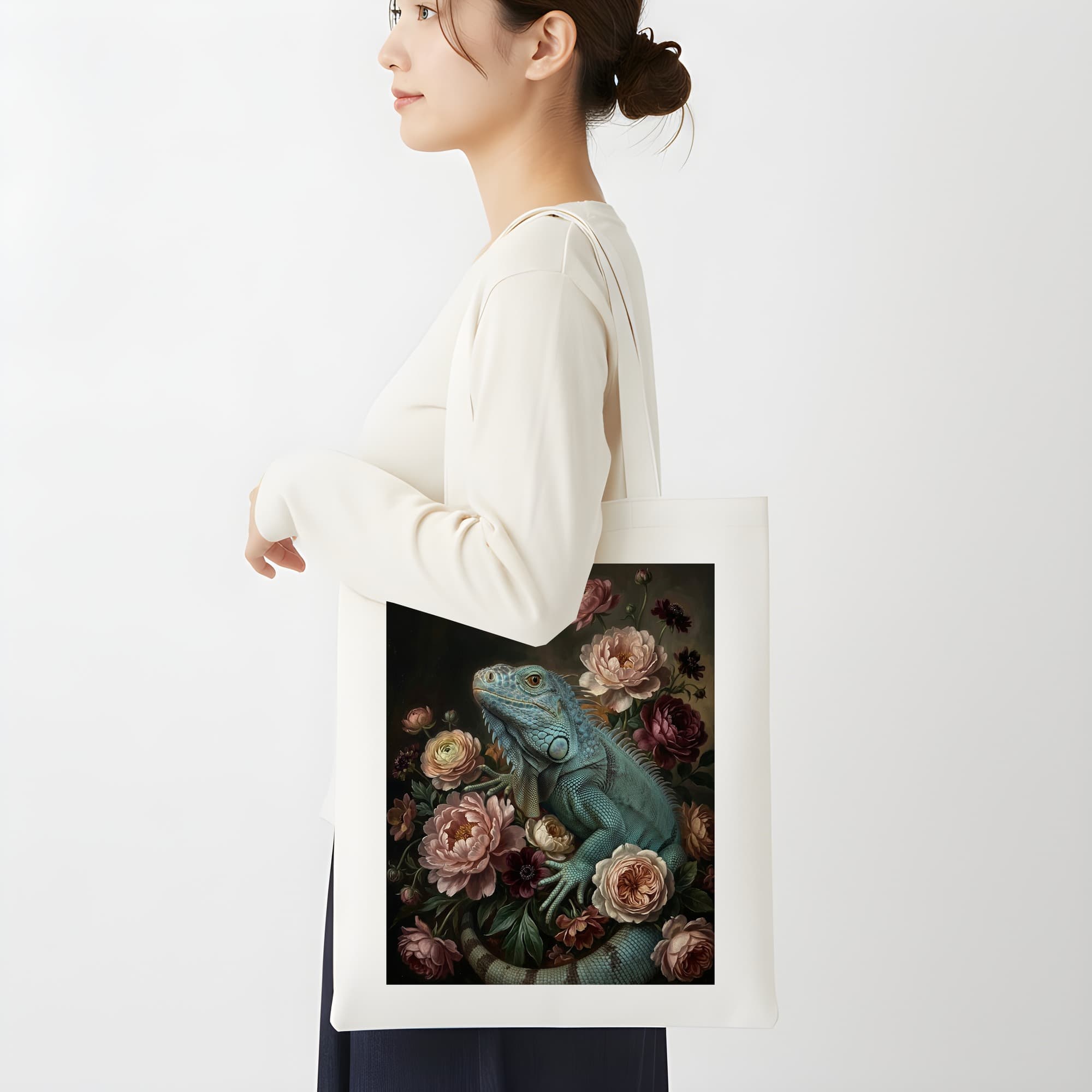 ブルーイグアナの花の油絵風アート花柄トートバッグ 2