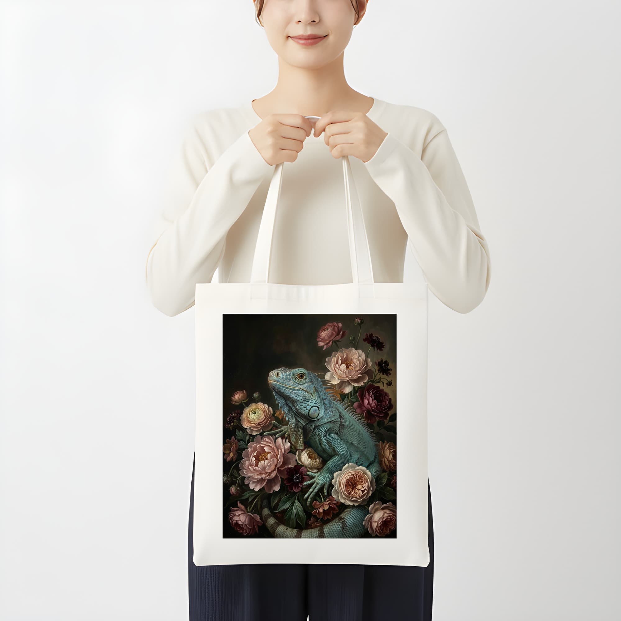 ブルーイグアナの花の油絵風アート花柄トートバッグ 3