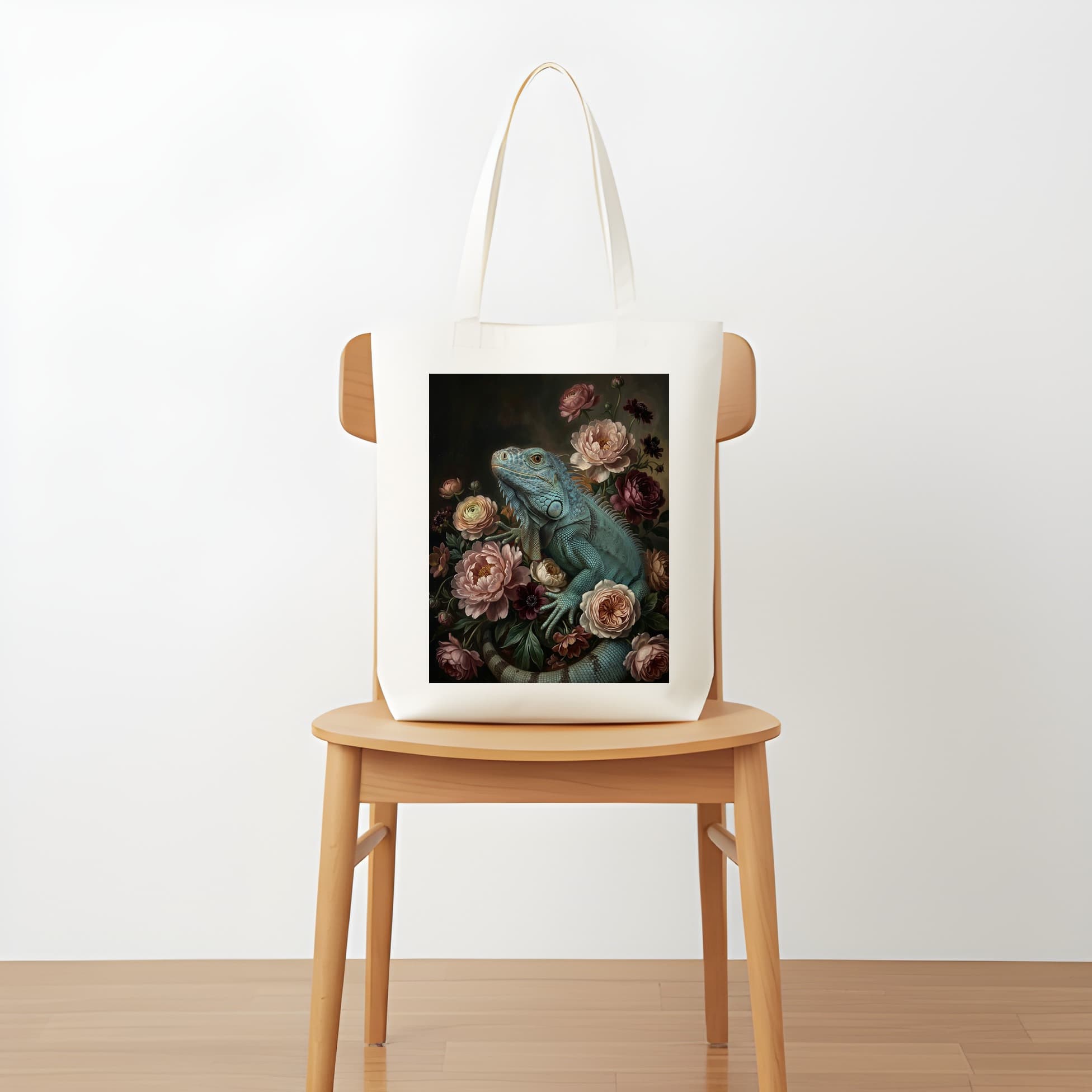 ブルーイグアナの花の油絵風アート花柄トートバッグ 5