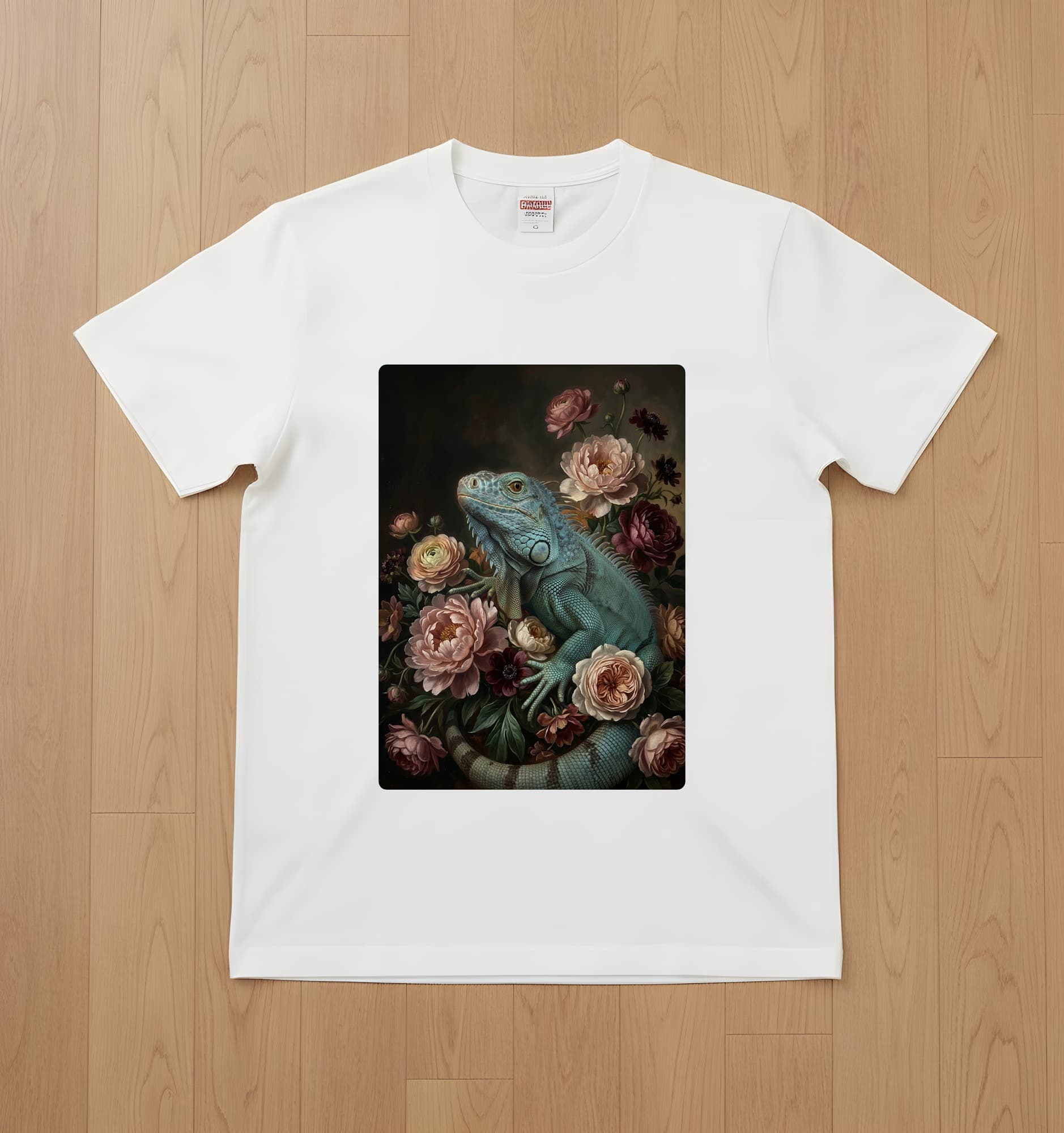 ブルーイグアナの花の油絵風アート花柄Tシャツ(ホワイト)