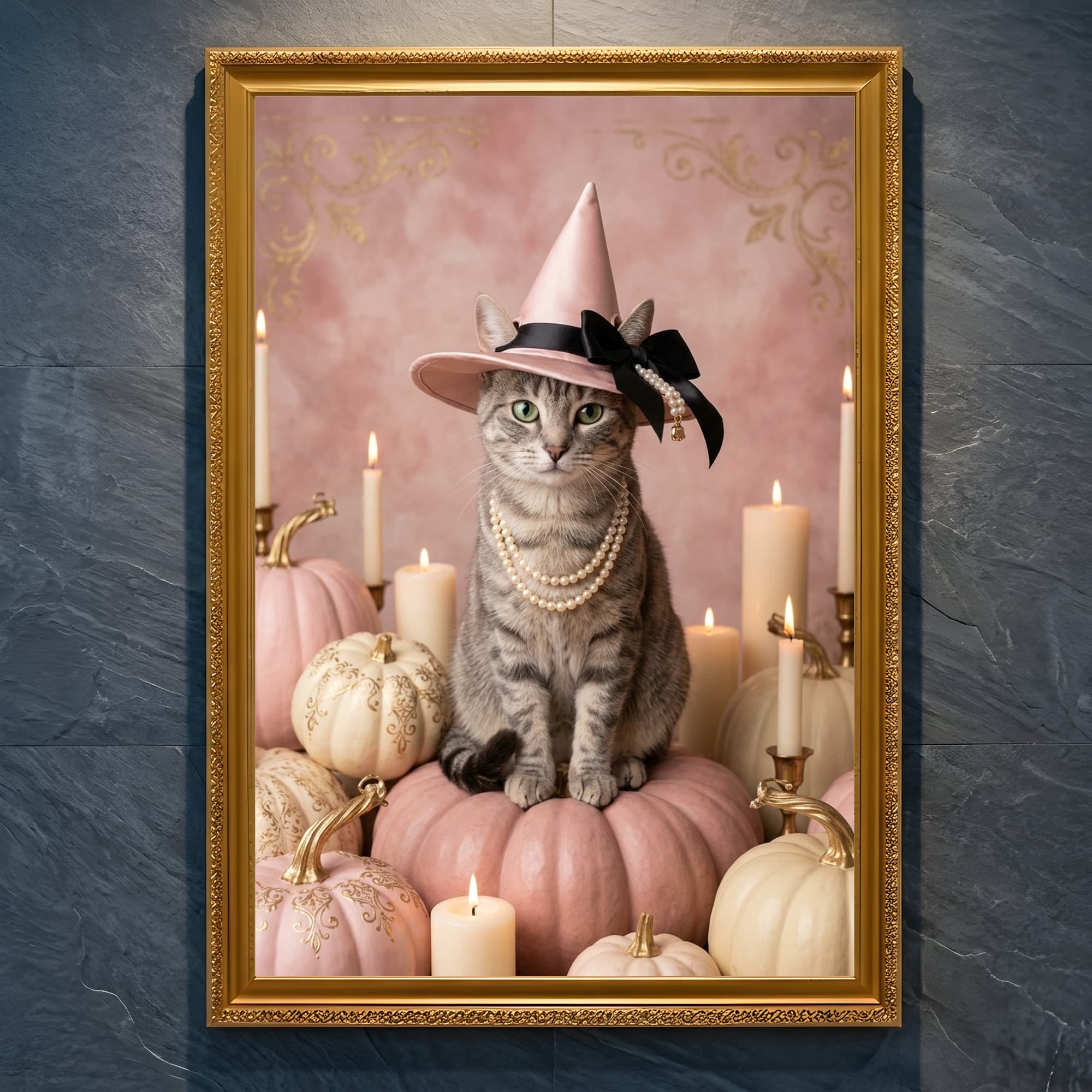 American Shorthair Pumpkin & Candlelight Oil-Painting Halloween Framed Art Print (A4 Gold)