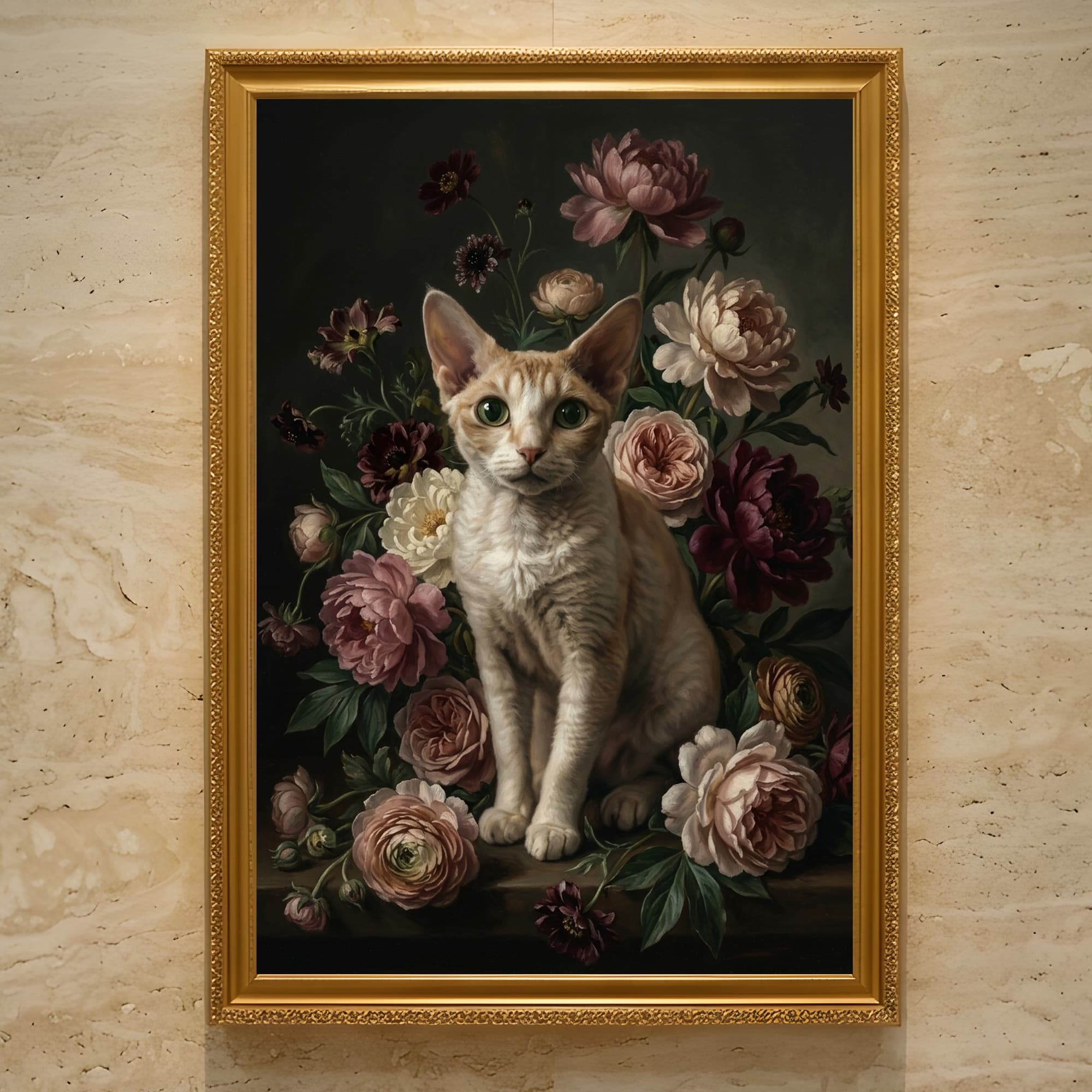 デボンレックスの花の油絵風アート花柄額装プリント(A3サイズ)