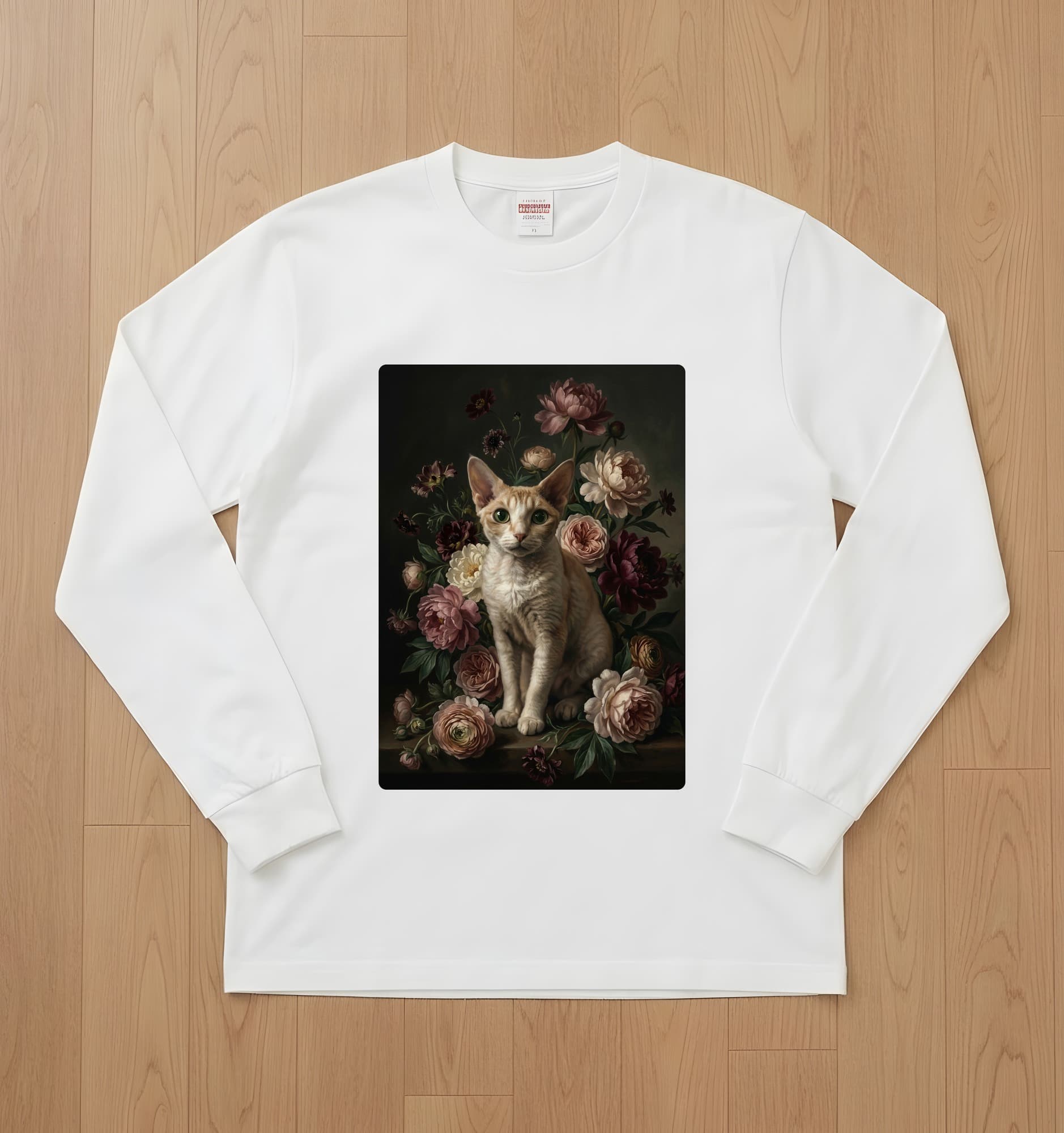 デボンレックスの花の油絵風アート花柄長袖Tシャツ(ホワイト)