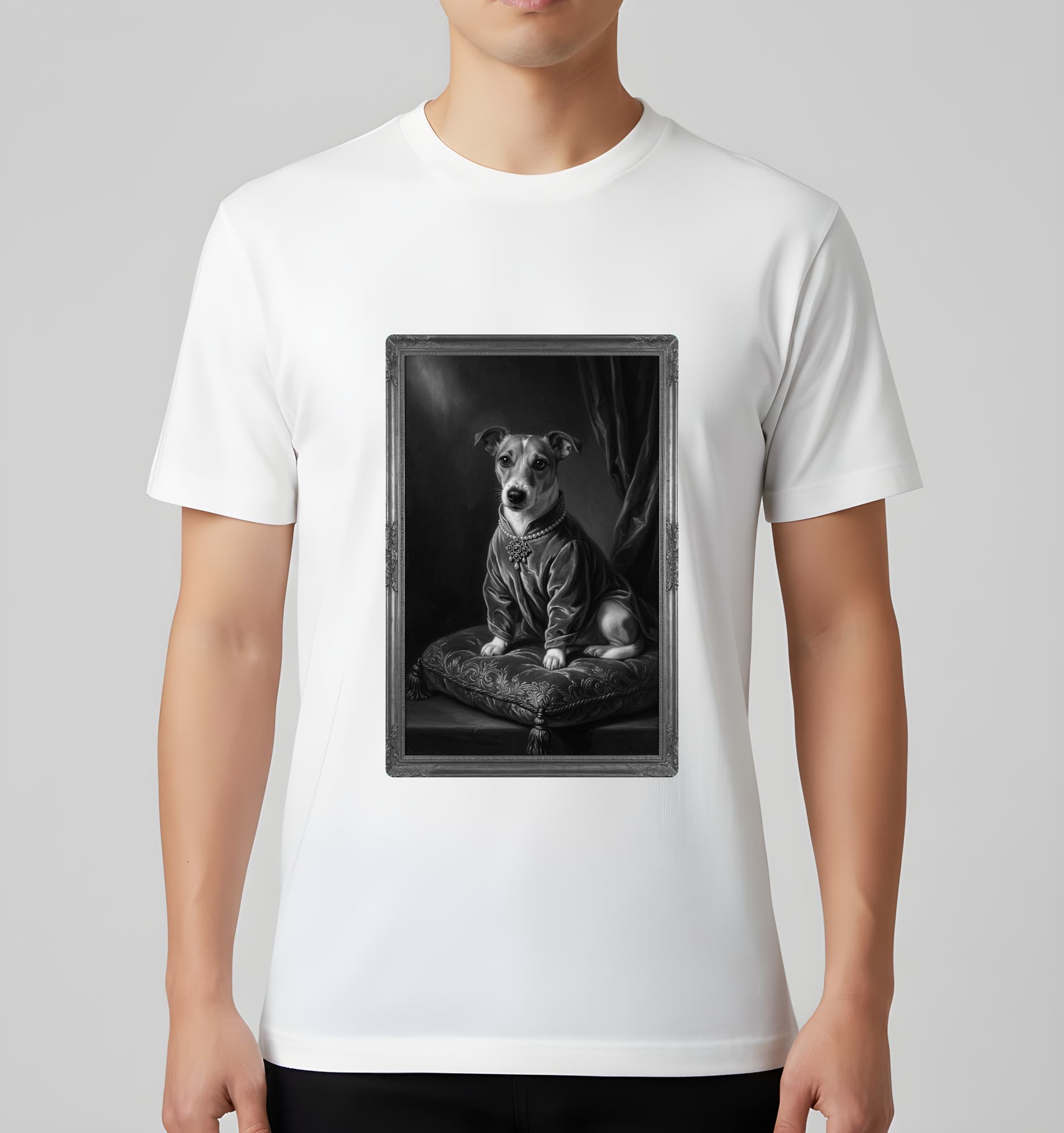Jack Russell terrier Renaissance Portrait T-Shirt (White, Monochrome Print, No Frame) 3