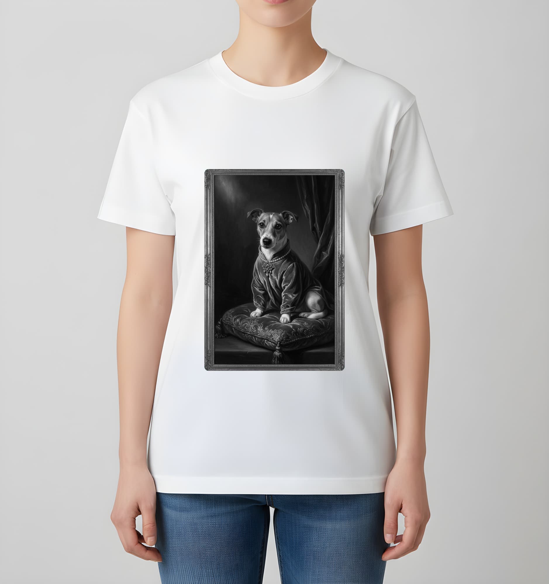 Jack Russell terrier Renaissance Portrait T-Shirt (White, Monochrome Print, No Frame) 4
