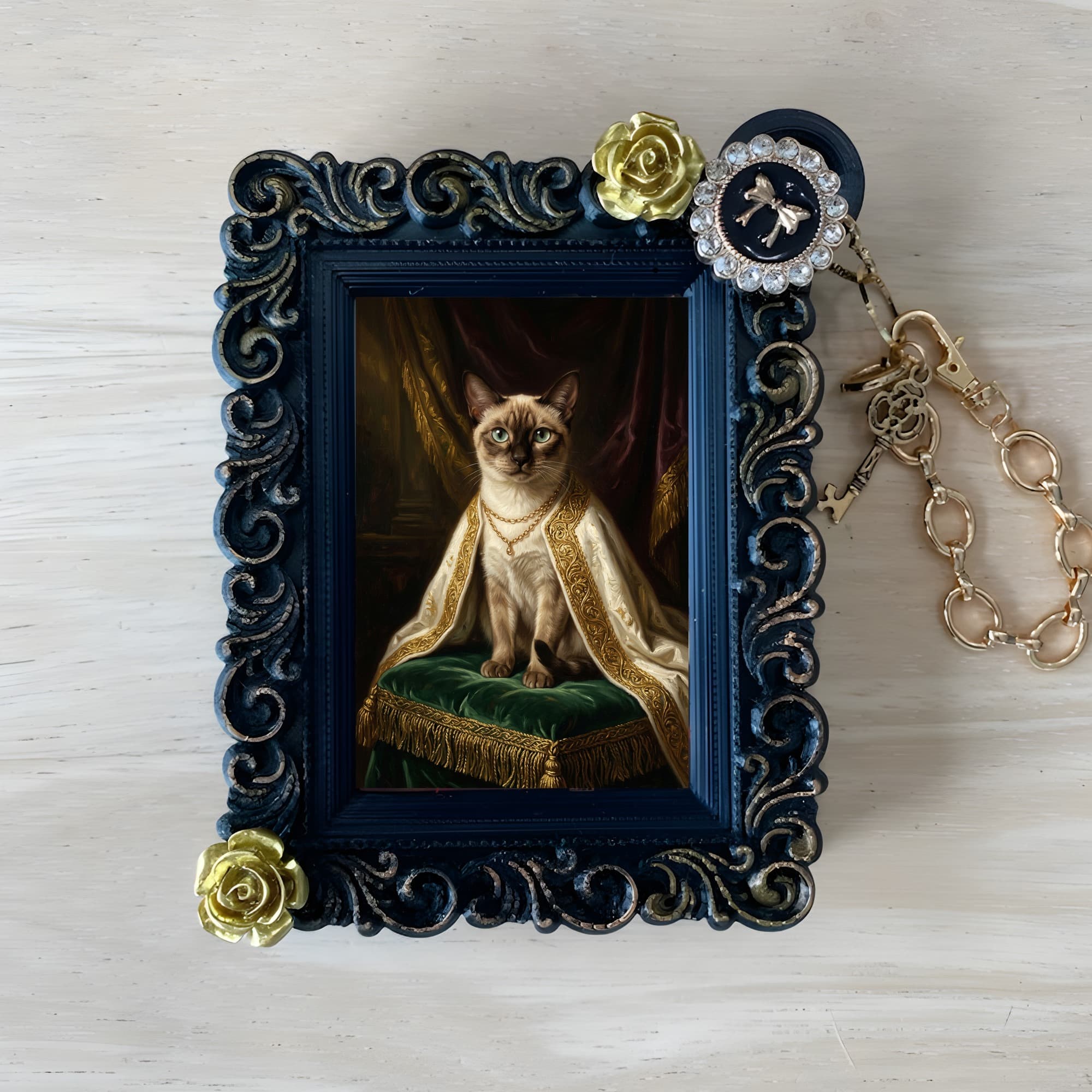 シャム猫のルネサンス肖像画バッグチャーム(ブラック)