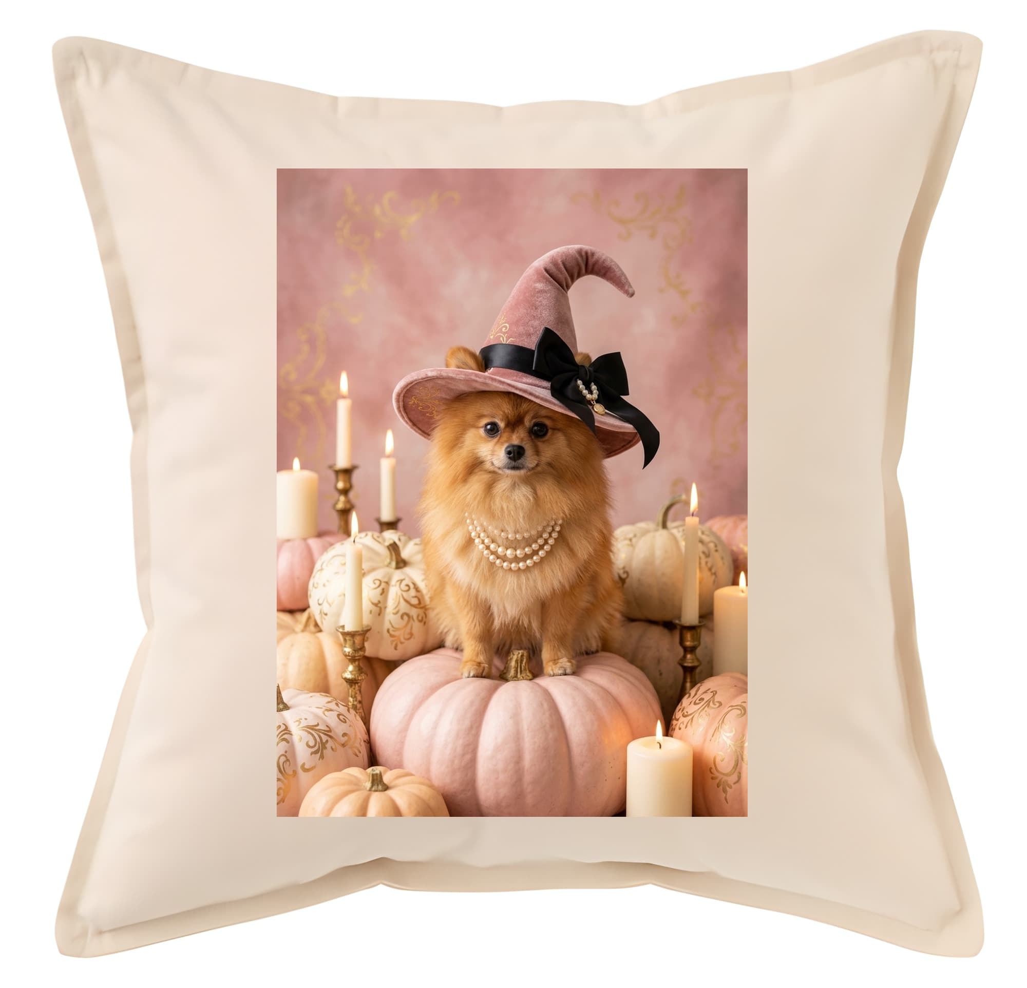 Pomeranian Pumpkin & Candlelight Oil-Painting Halloween Cushion