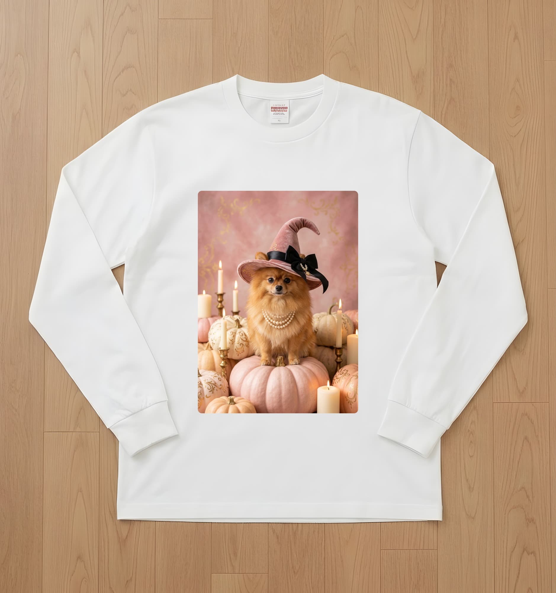 Pomeranian Pumpkin & Candlelight Oil-Painting Halloween Long Sleeve T-Shirt (White)