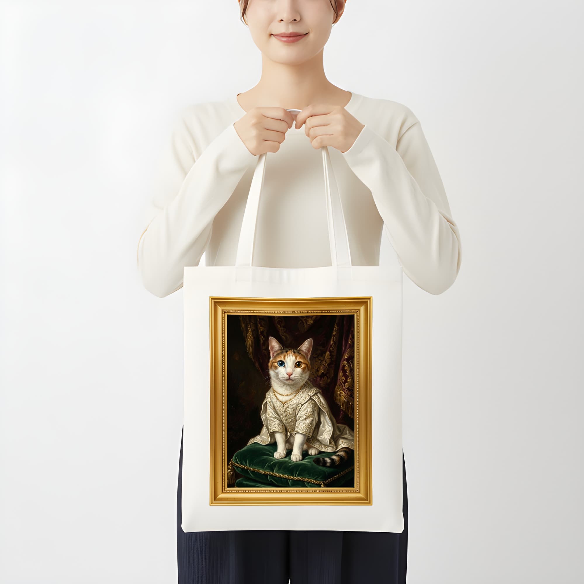 ジャパニーズボブテイルのルネサンス肖像画トートバッグ(カラープリント・額縁デザインあり) 3