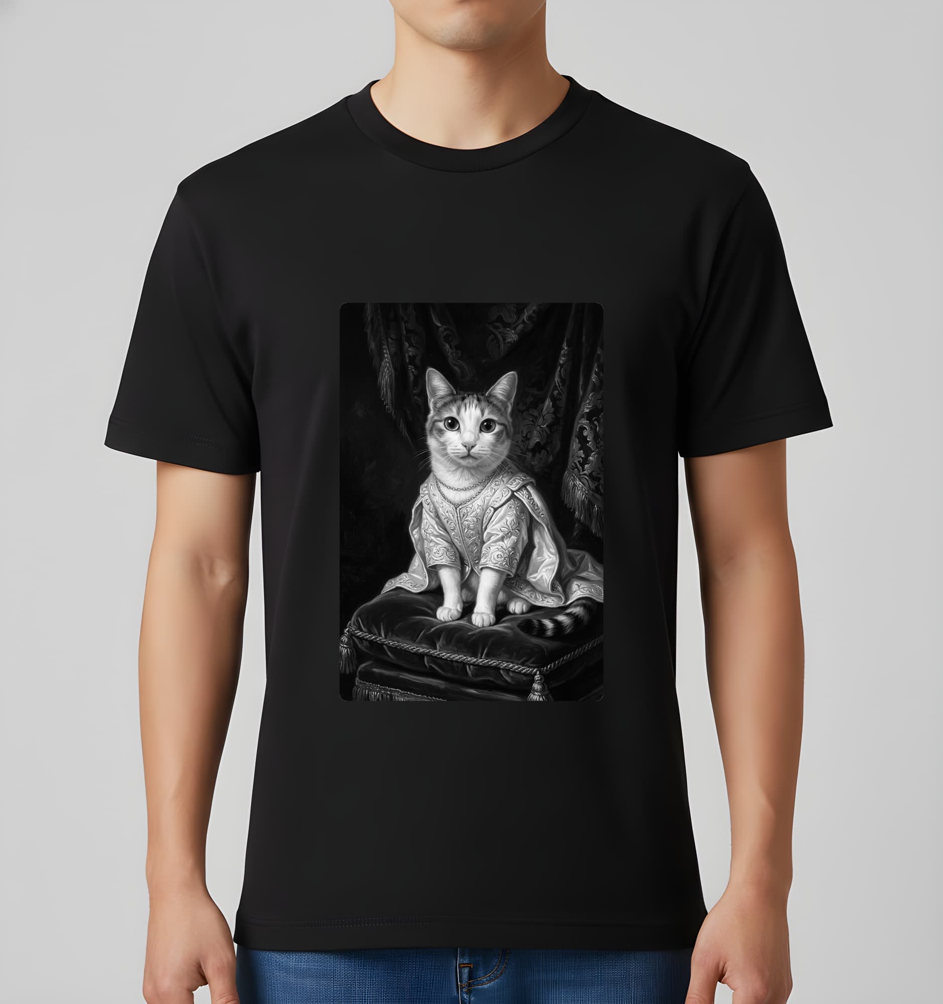 ジャパニーズボブテイルのルネサンス肖像画Tシャツ(ブラック・モノクロプリント・額縁なし) 3