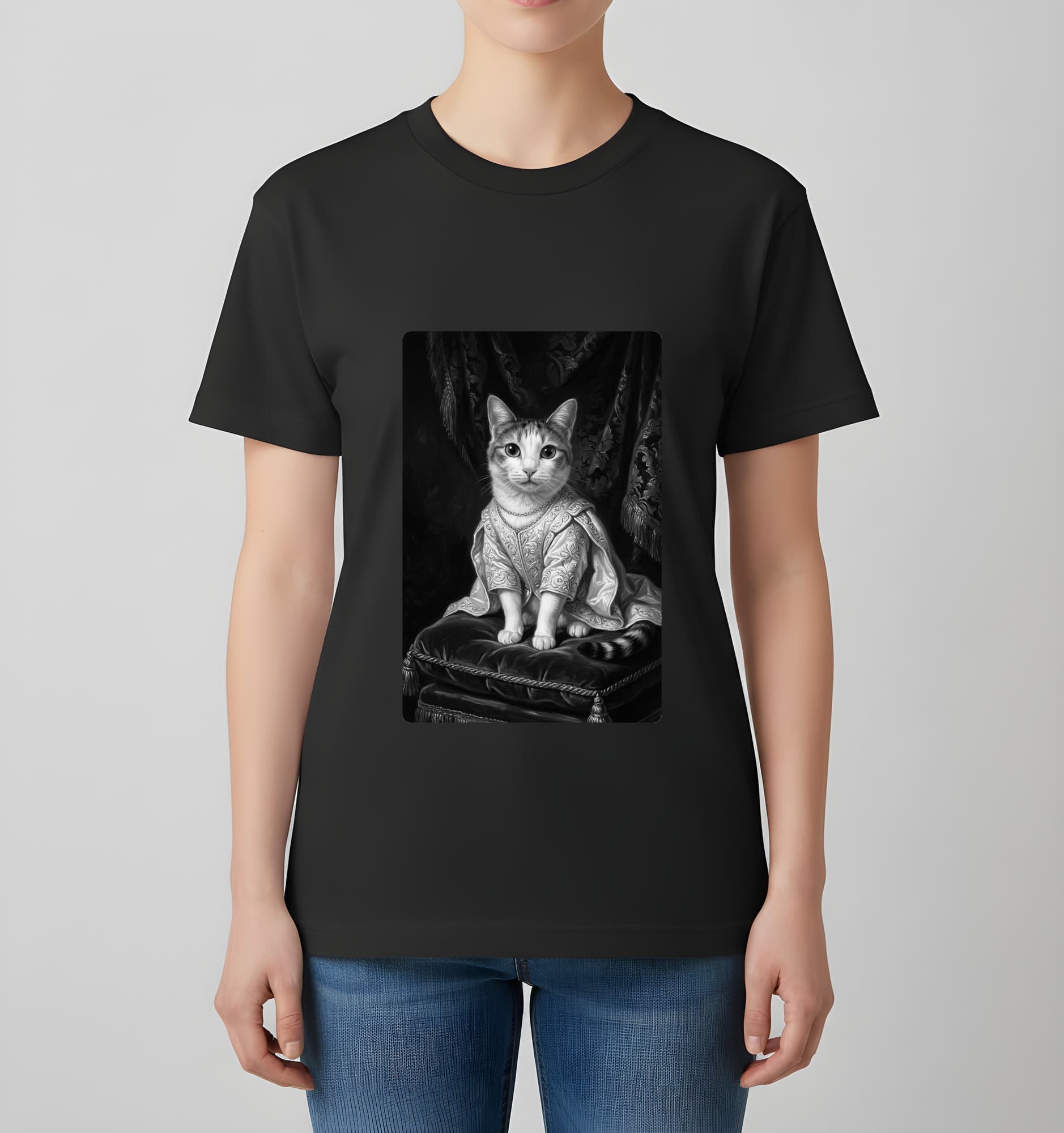 ジャパニーズボブテイルのルネサンス肖像画Tシャツ(ブラック・モノクロプリント・額縁なし) 4