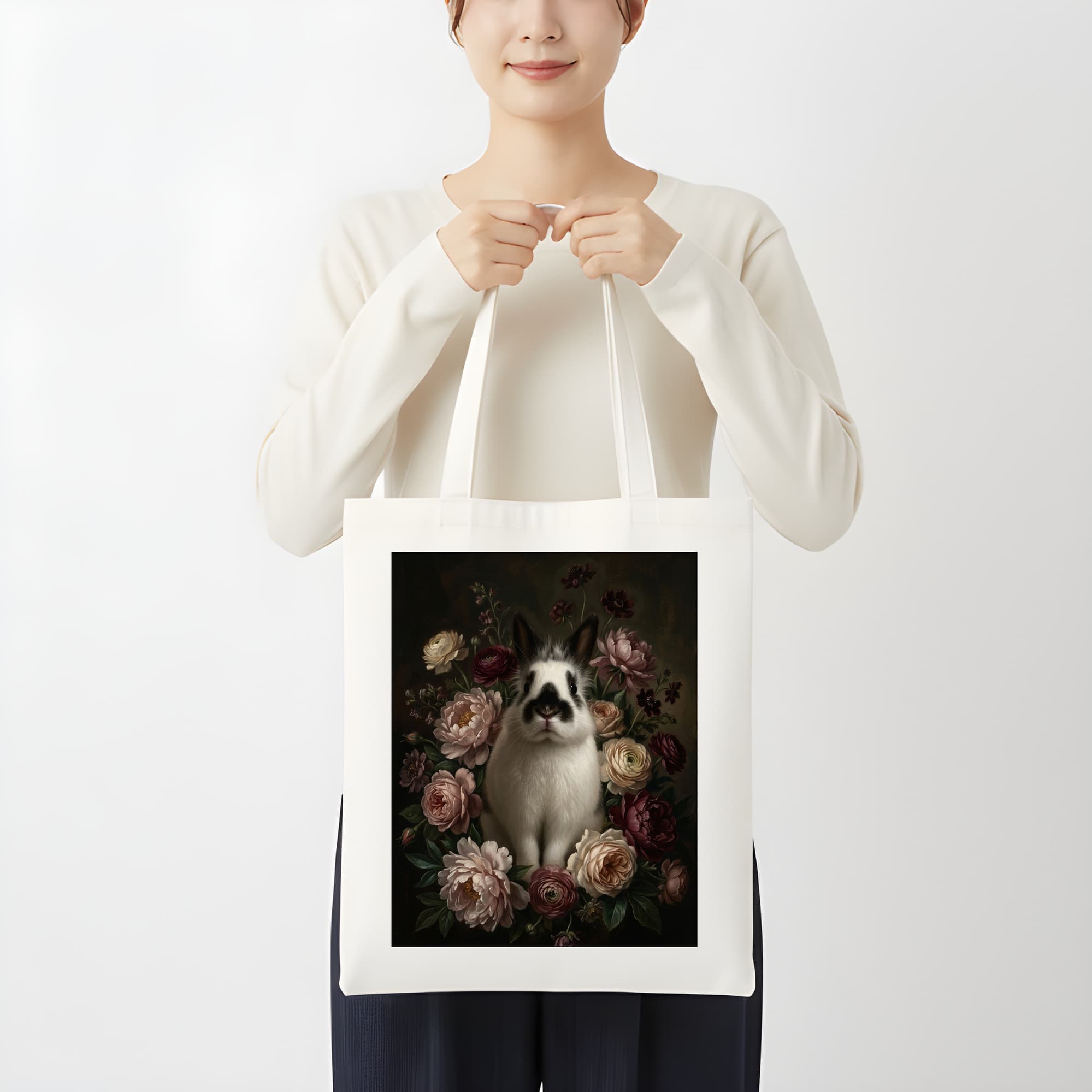 Himalayan rabbit Floral Oil-Painting Floral Tote Bag 3