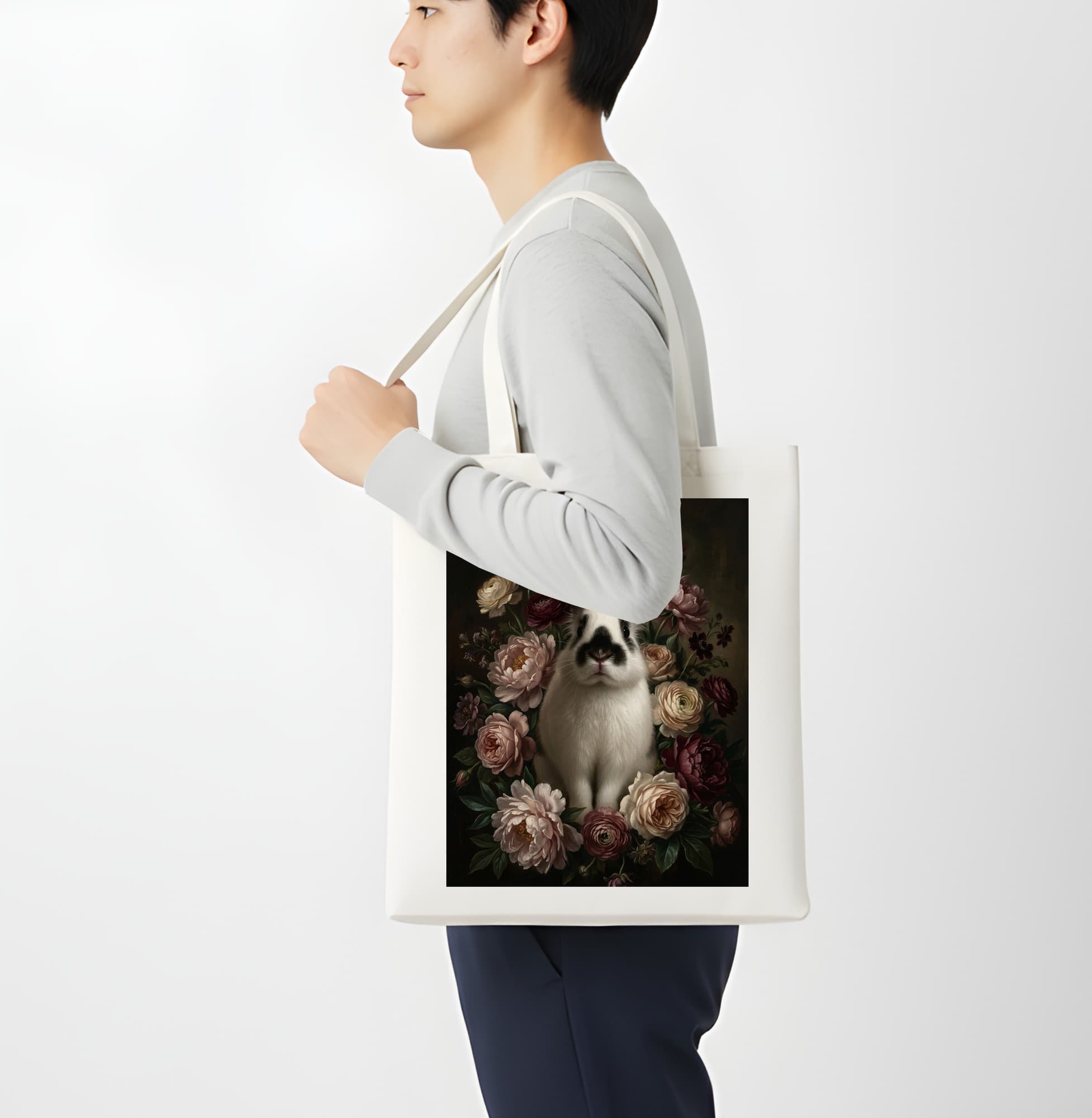 Himalayan rabbit Floral Oil-Painting Floral Tote Bag 4