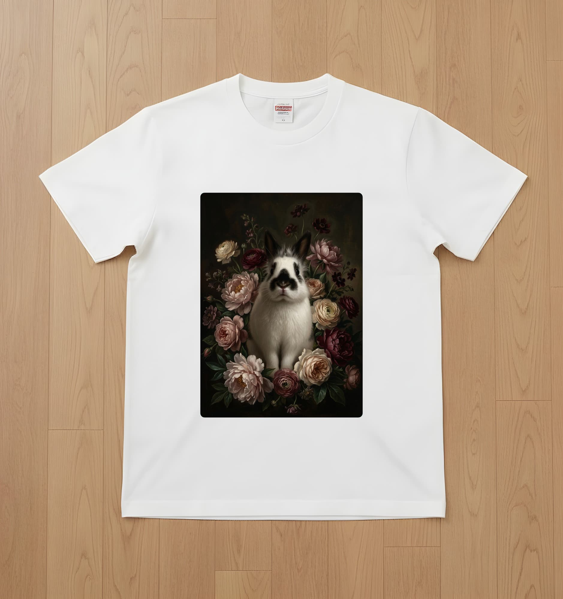 ヒマラヤンの花の油絵風アート花柄Tシャツ(ホワイト)