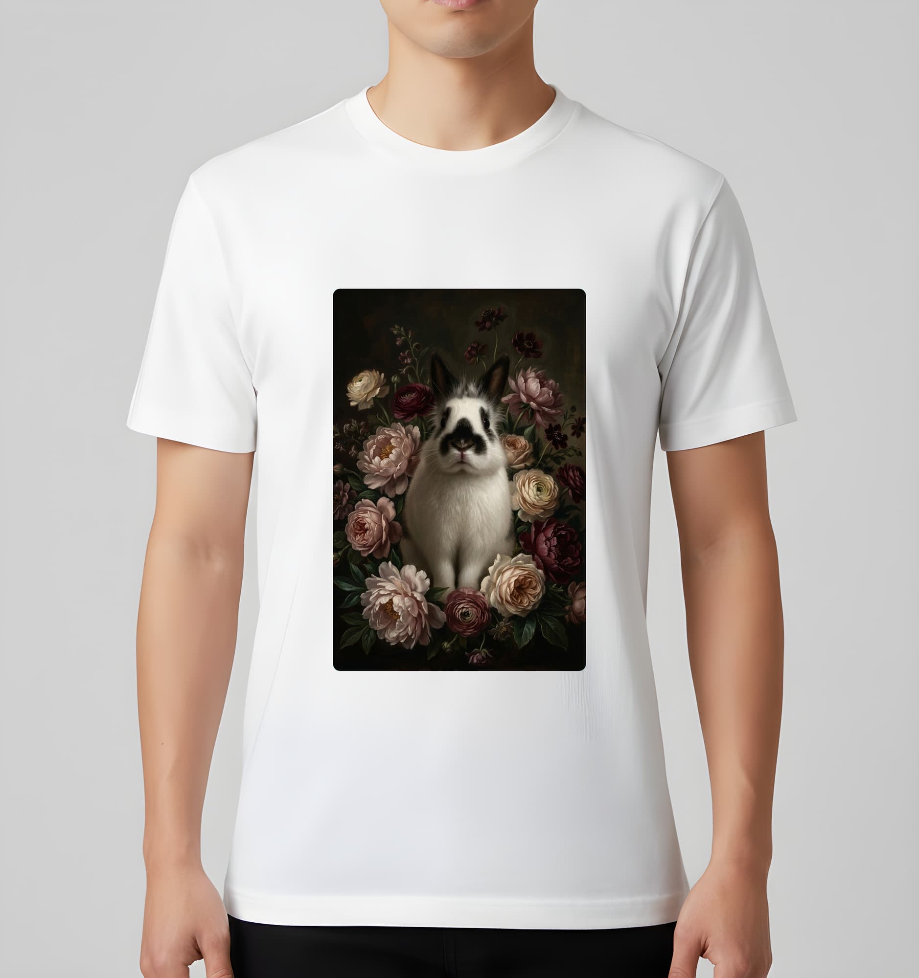 ヒマラヤンの花の油絵風アート花柄Tシャツ(ホワイト) 3