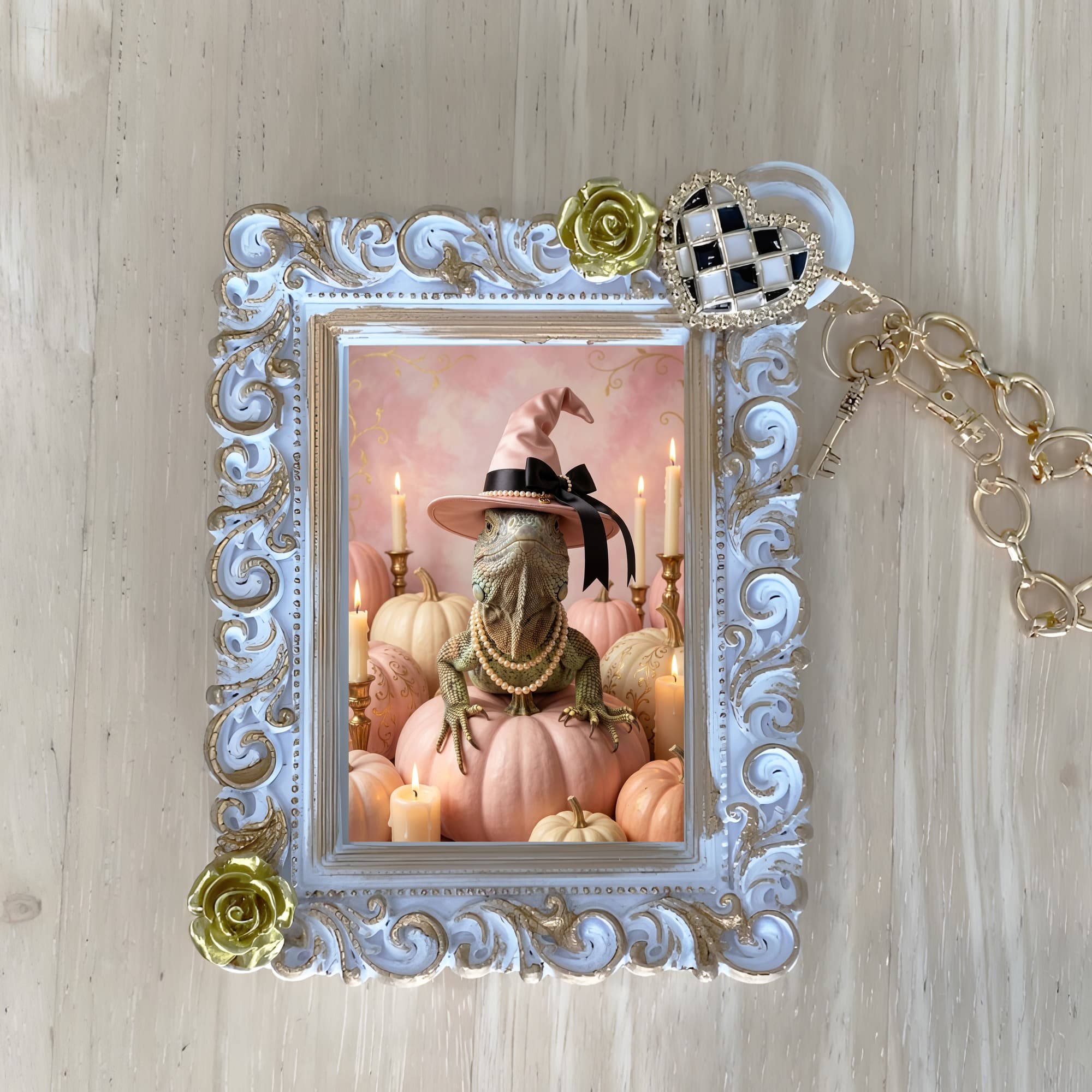 Spiny-tailed Iguana Pumpkin & Candlelight Oil-Painting Halloween Bag Charm (White)