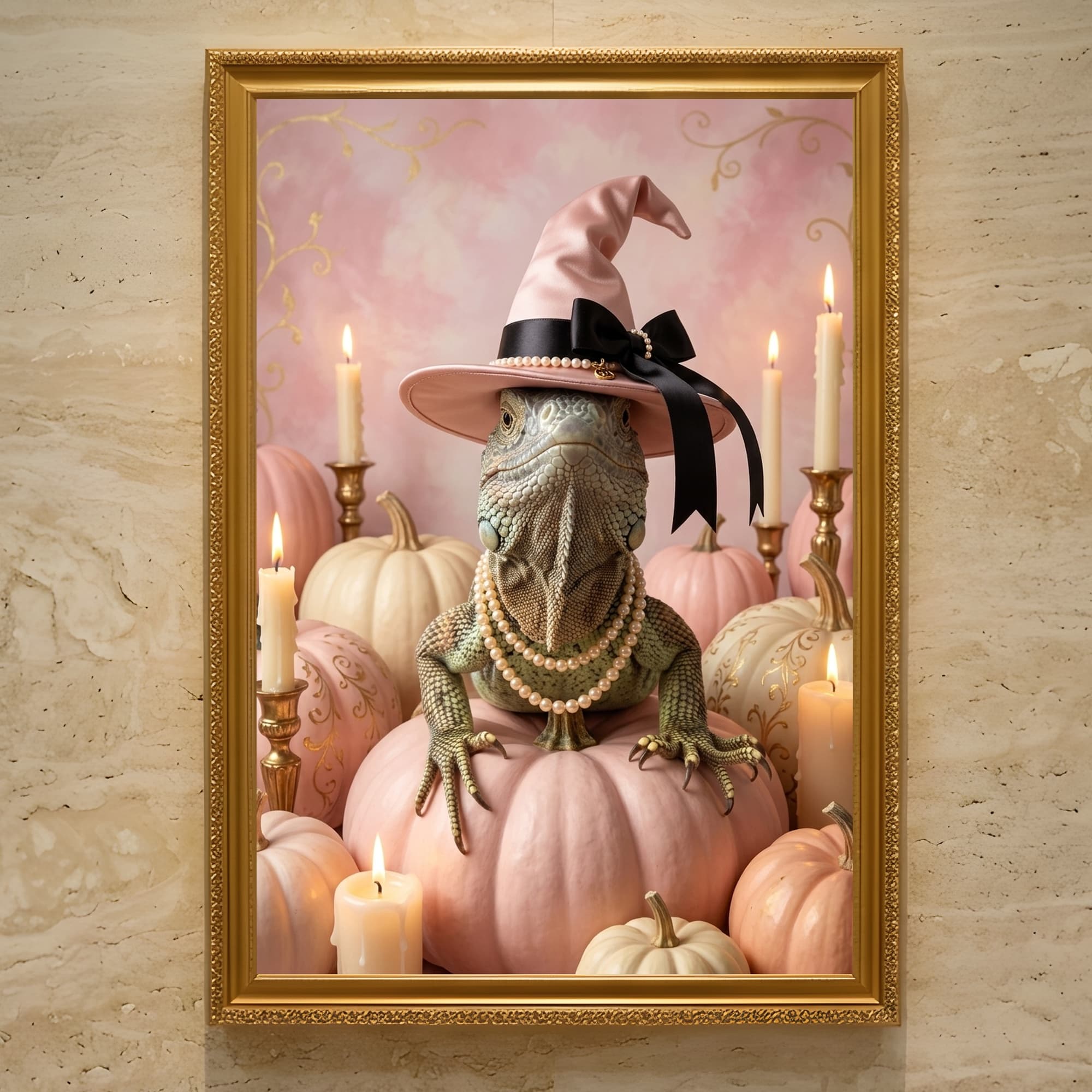 トゲオイグアナのかぼちゃとキャンドルの油絵風アートハロウィン額装プリント(A3サイズ)