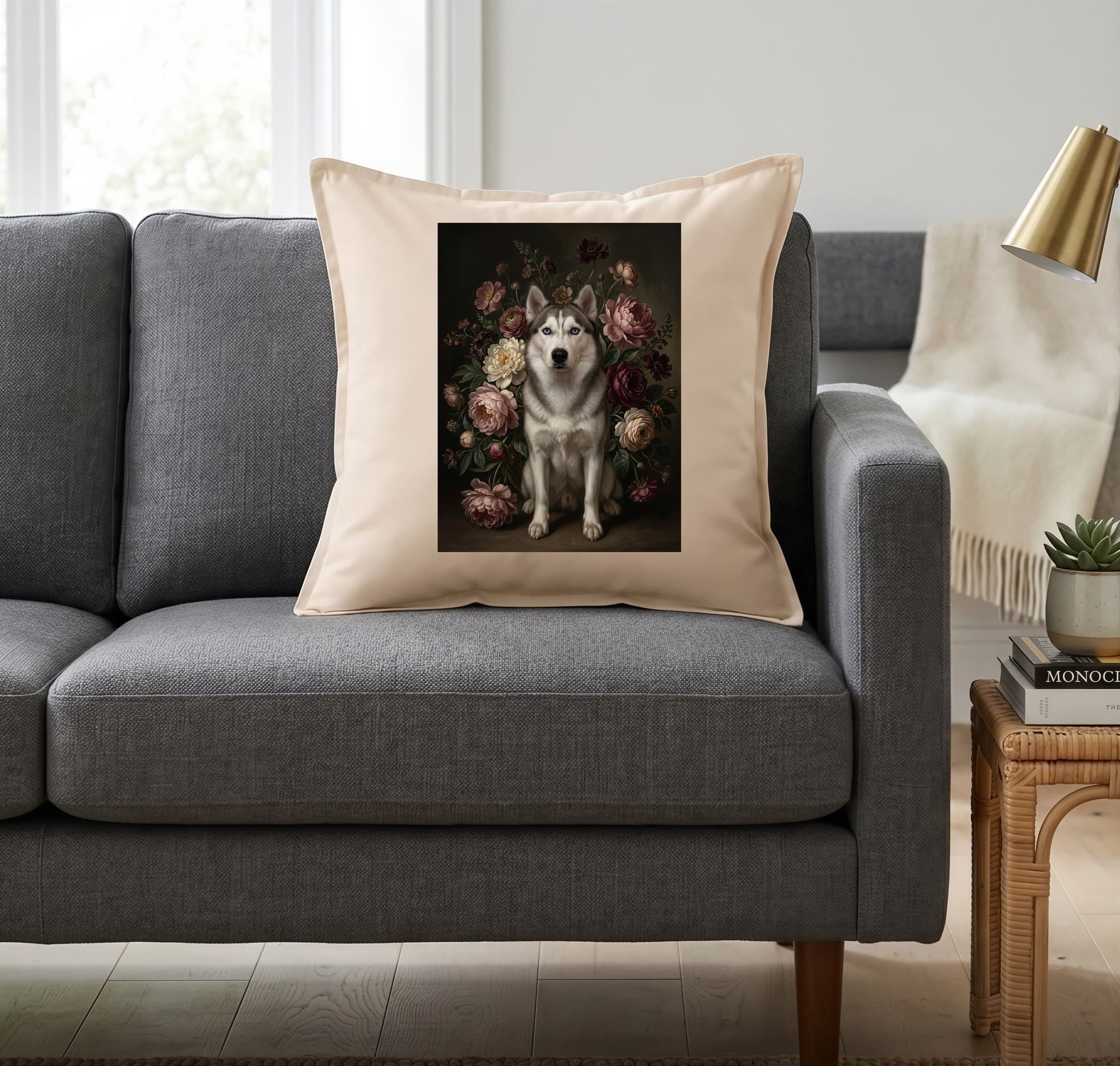 Siberian husky Floral Oil-Painting Floral Cushion 2