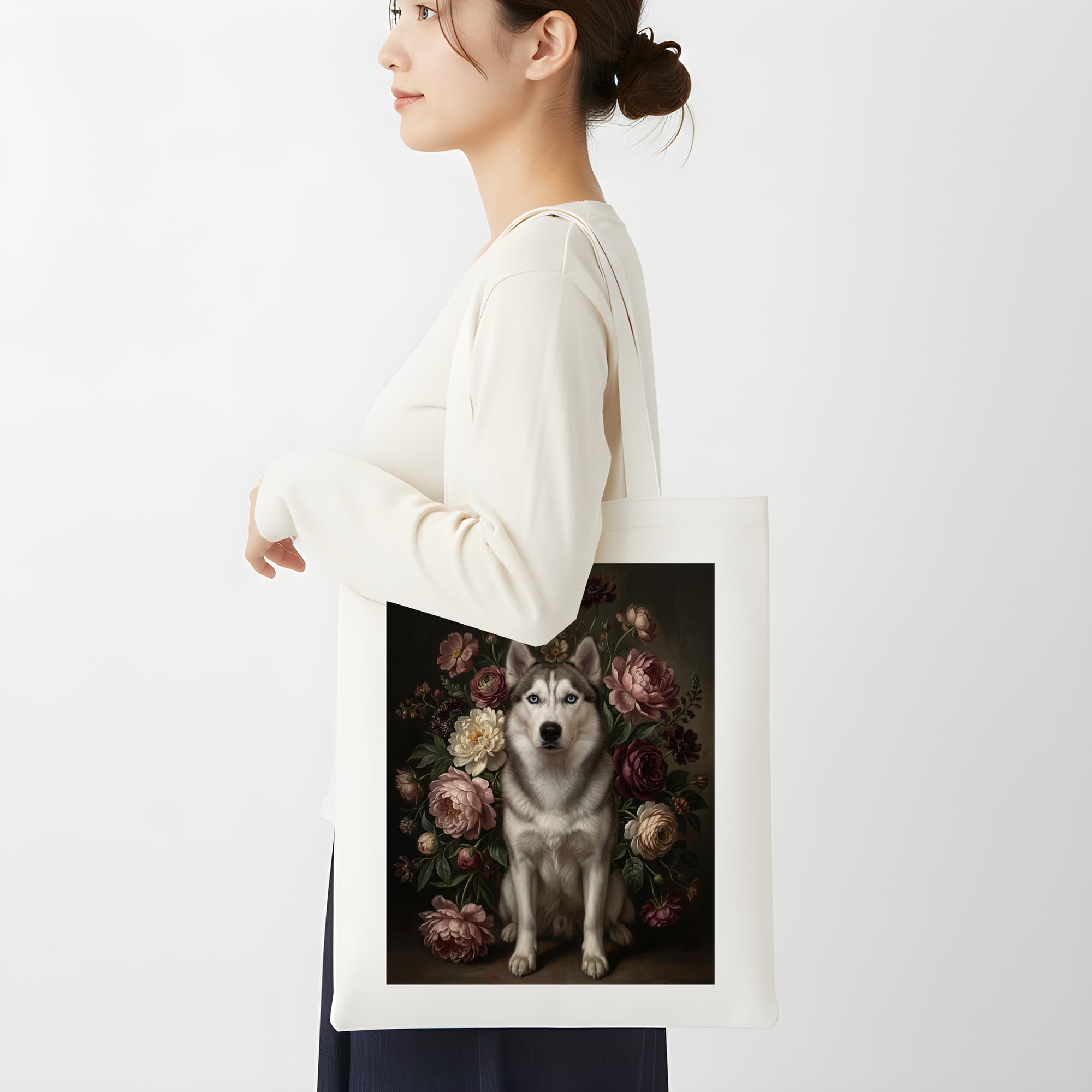 シベリアンハスキーの花の油絵風アート花柄トートバッグ 2