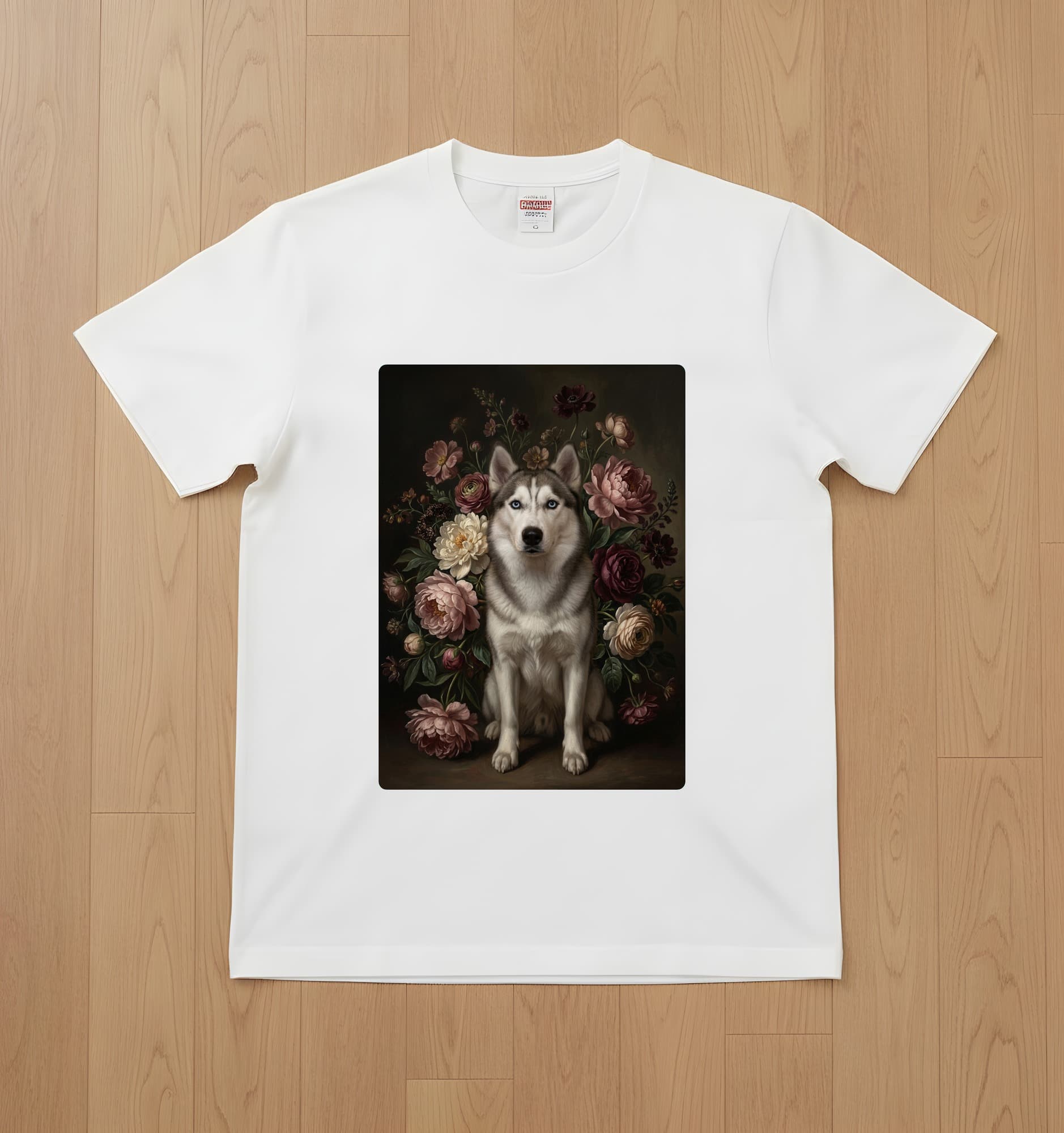 Siberian husky Floral Oil-Painting Floral T-Shirt (White)