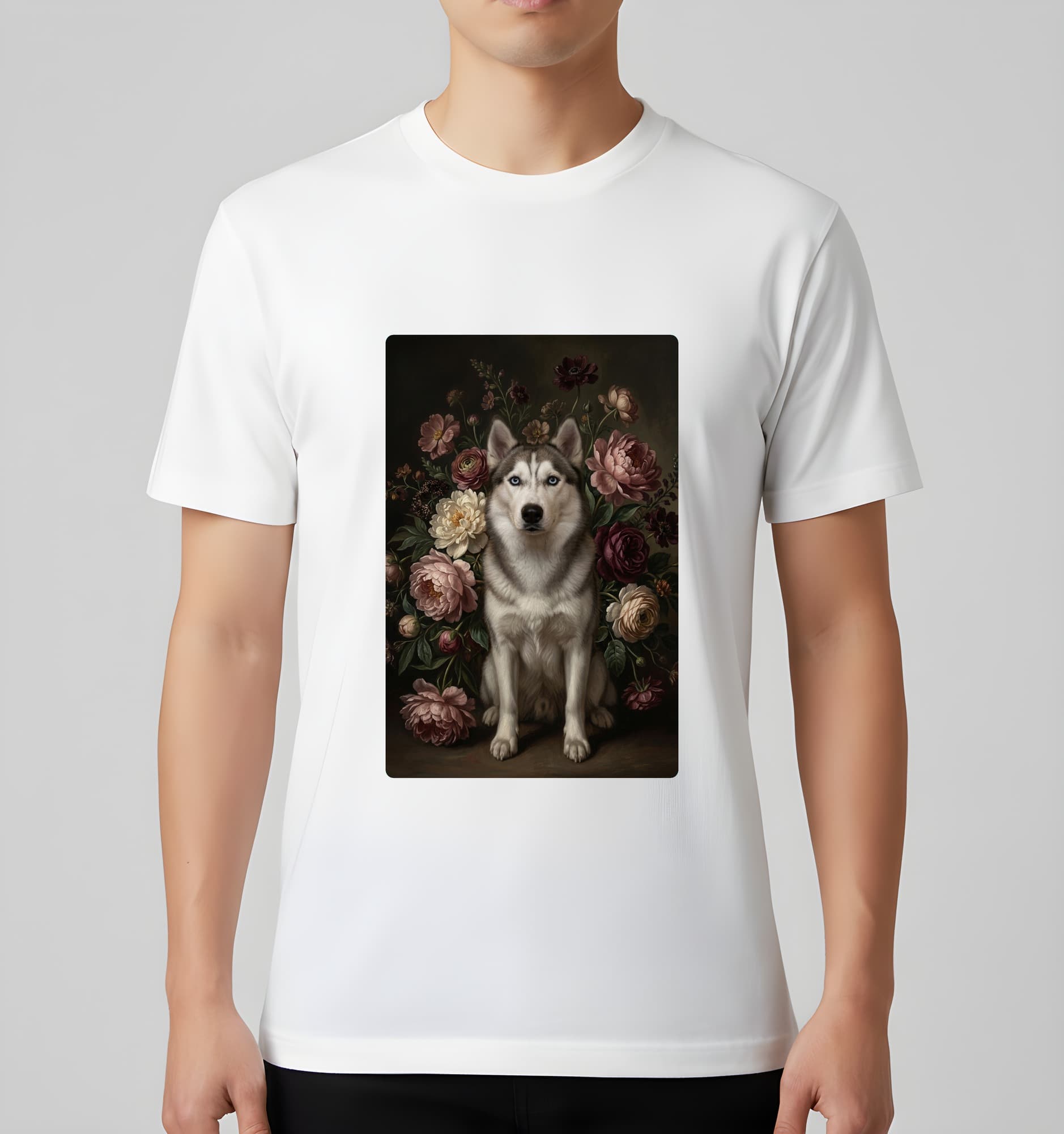 Siberian husky Floral Oil-Painting Floral T-Shirt (White) 3