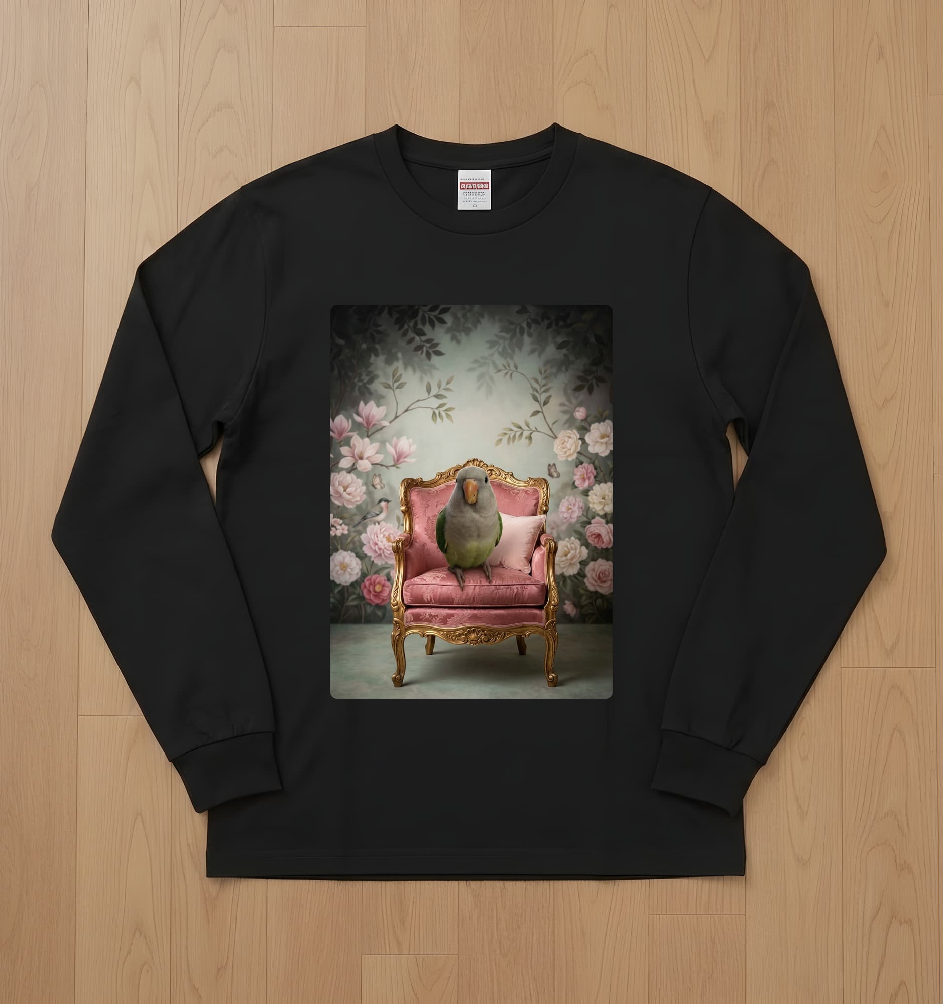 オキナインコのシャビーピンクの油絵風アートロココ調長袖Tシャツ(ブラック)